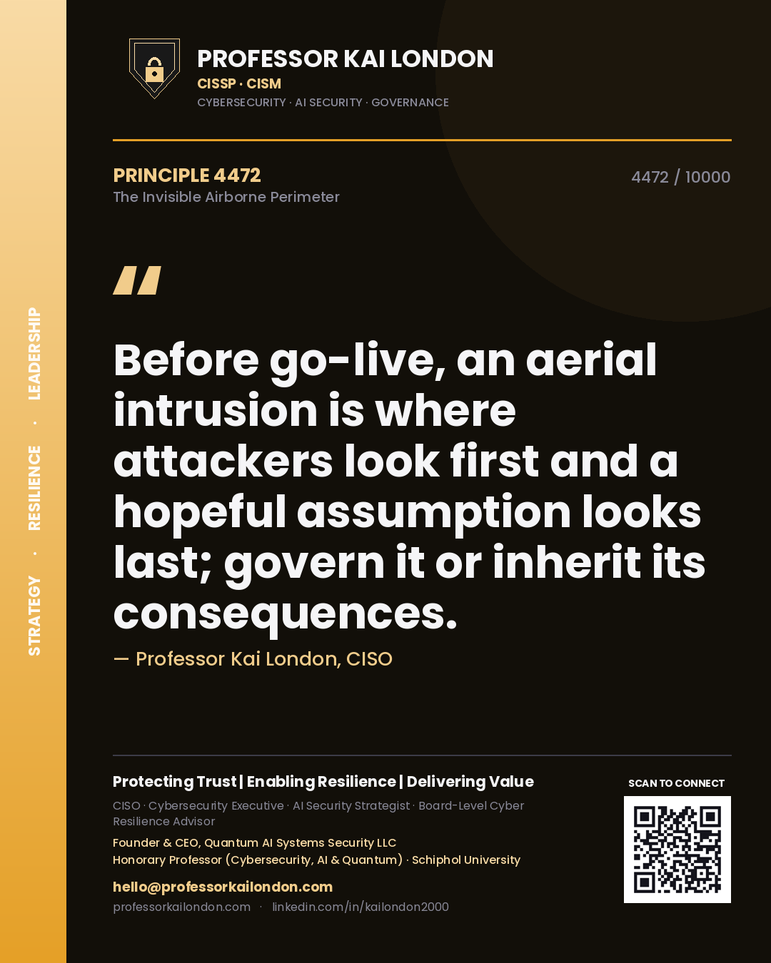 Professor Kai London principle 4472: Before go-live, an aerial intrusion is where attackers look first and a hopeful assumption looks last; govern it or inherit its consequences.