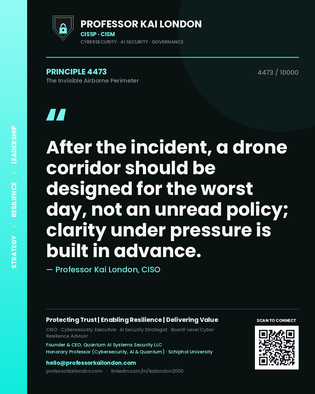 Professor Kai London principle 4473: After the incident, a drone corridor should be designed for the worst day, not an unread policy; clarity under pressure is built in advance.