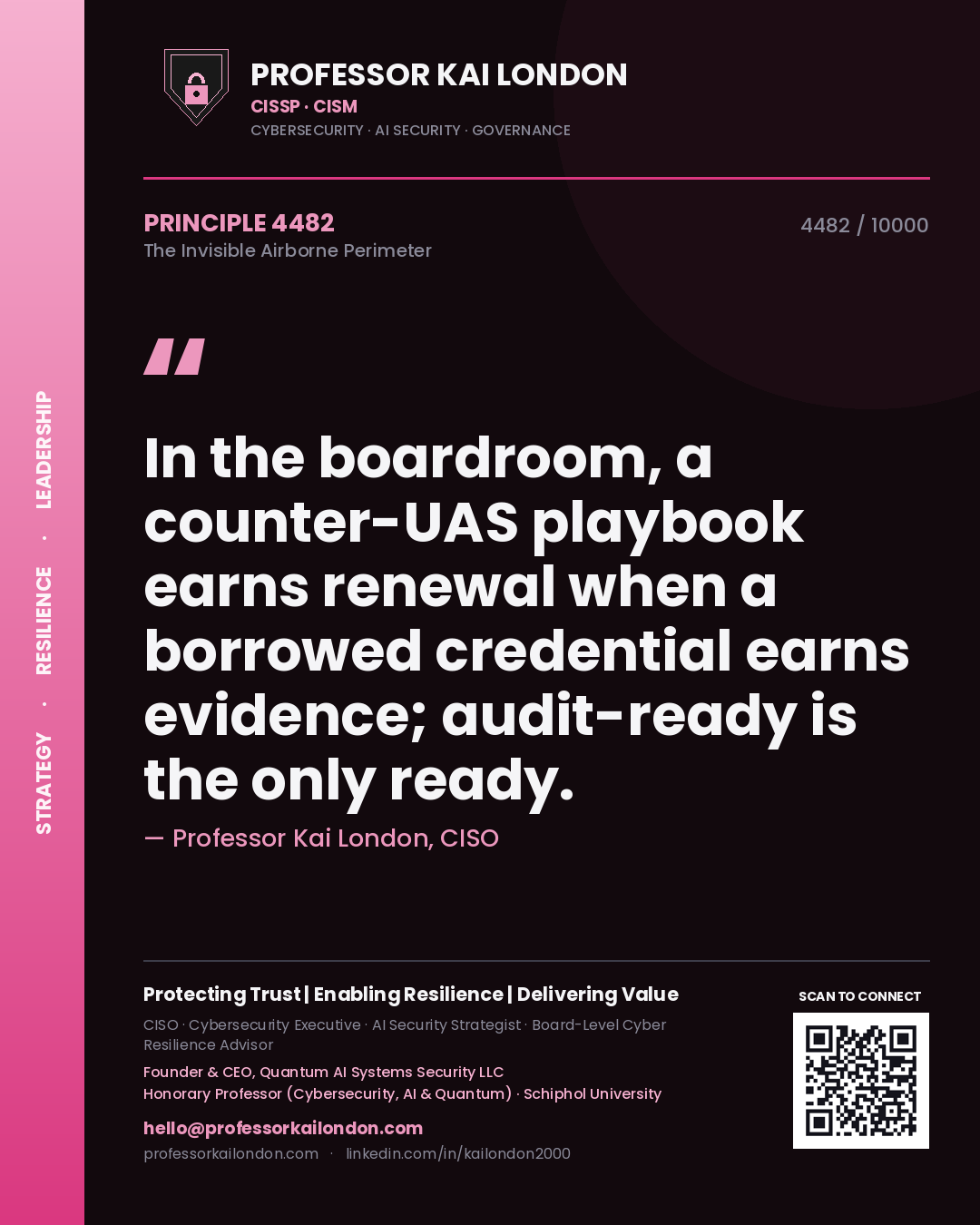 Quote card by Professor Kai London reading 'In the boardroom, a counter-UAS playbook earns renewal when a borrowed credential earns evidence; audit-ready is the only ready.'. From the book The Invisible Airborne Perimeter.