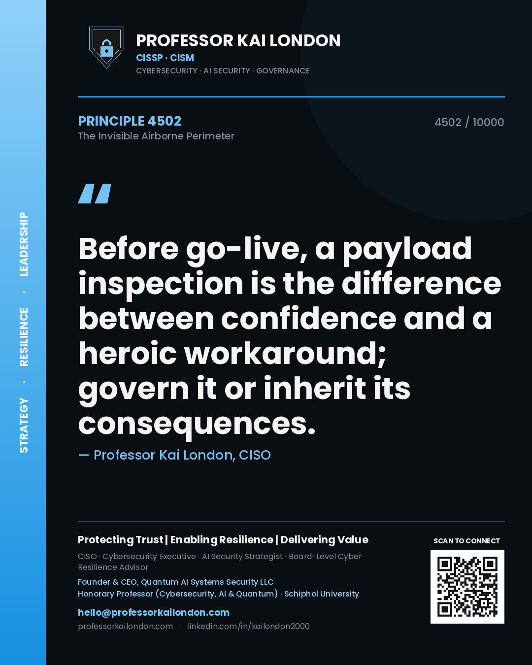 Quote card by Professor Kai London reading 'Before go-live, a payload inspection is the difference between confidence and a heroic workaround; govern it or inherit its consequences.'. From the book The Invisible Airborne Perimeter.