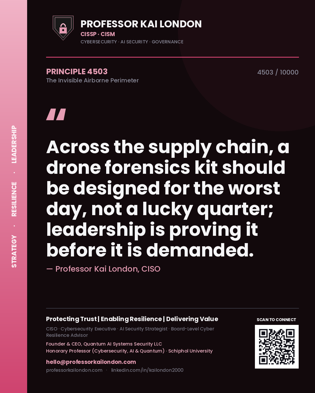 Quote card by Professor Kai London reading 'Across the supply chain, a drone forensics kit should be designed for the worst day, not a lucky quarter; leadership is proving it before it is demanded.'. From the book The Invisible Airborne Perimeter.