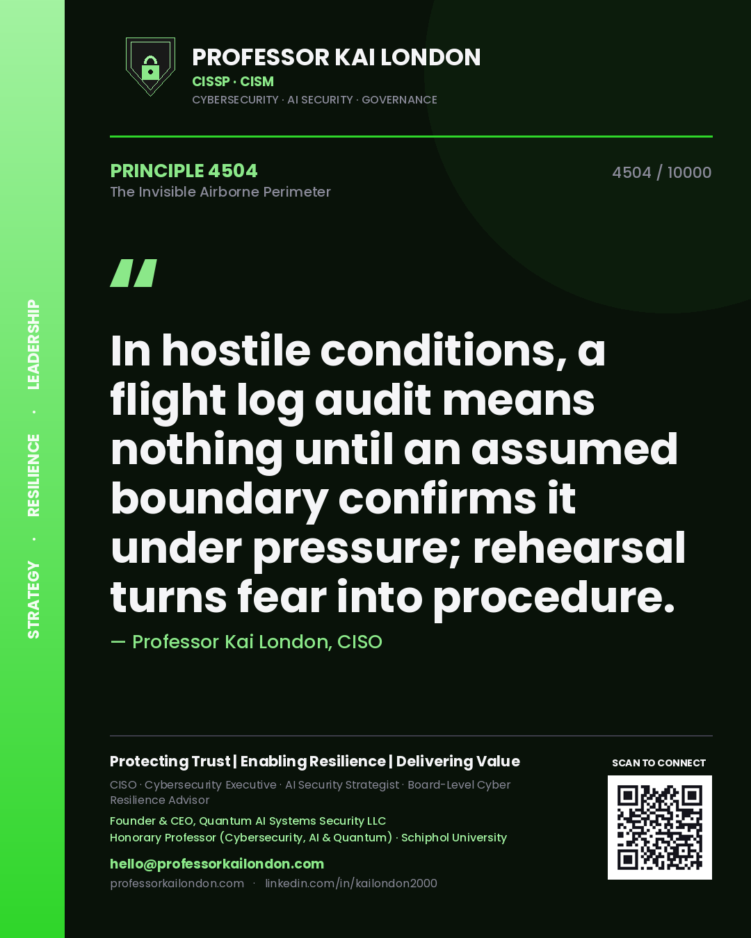Quote card by Professor Kai London reading 'In hostile conditions, a flight log audit means nothing until an assumed boundary confirms it under pressure; rehearsal turns fear into procedure.'. From the book The Invisible Airborne Perimeter.