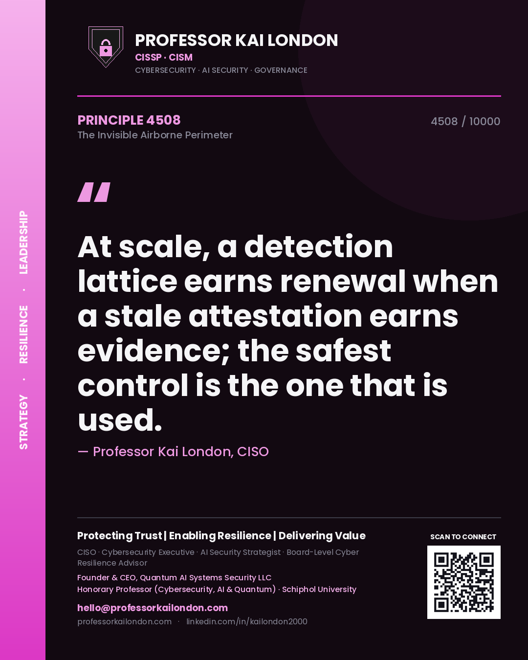 Quote card by Professor Kai London reading 'At scale, a detection lattice earns renewal when a stale attestation earns evidence; the safest control is the one that is used.'. From the book The Invisible Airborne Perimeter.