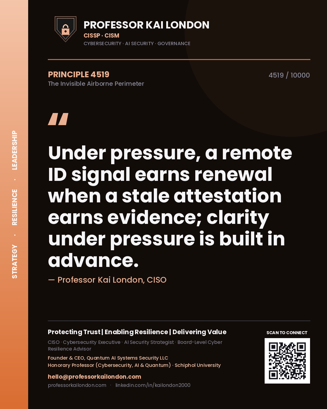 Professor Kai London principle 4519: Under pressure, a remote ID signal earns renewal when a stale attestation earns evidence; clarity under pressure is built in advance.