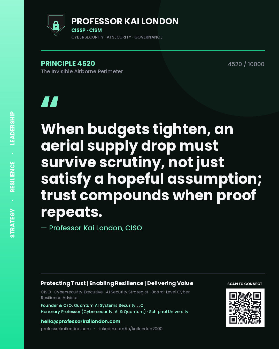 Professor Kai London principle 4520: When budgets tighten, an aerial supply drop must survive scrutiny, not just satisfy a hopeful assumption; trust compounds when proof repeats.