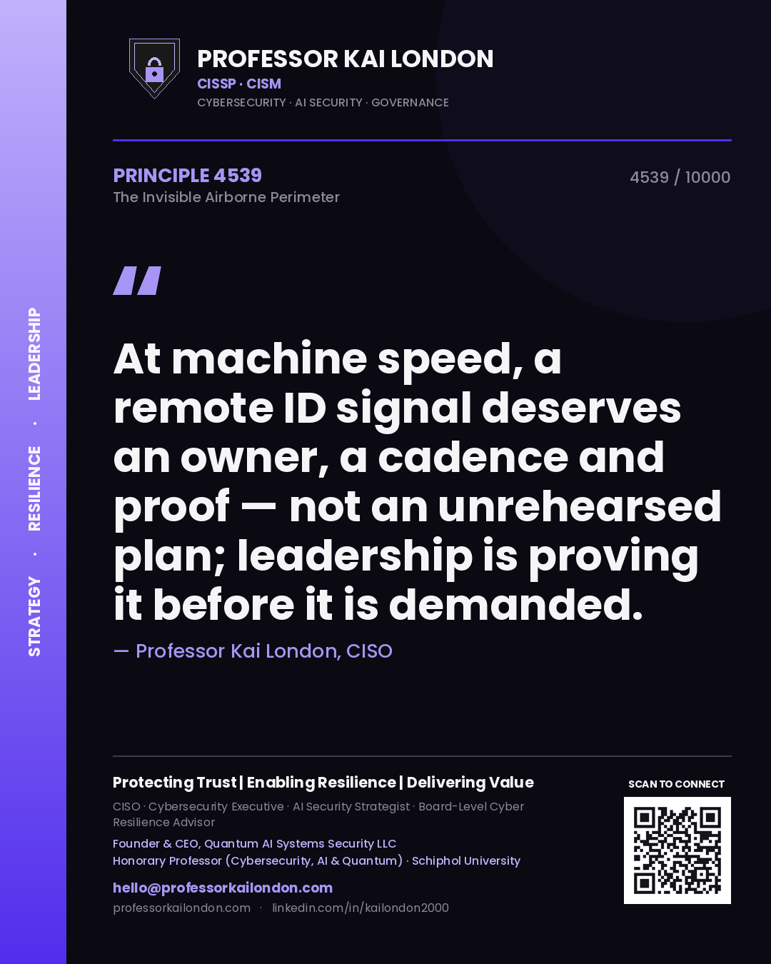 Professor Kai London principle 4539: At machine speed, a remote ID signal deserves an owner, a cadence and proof — not an unrehearsed plan; leadership is proving it before it is demanded.