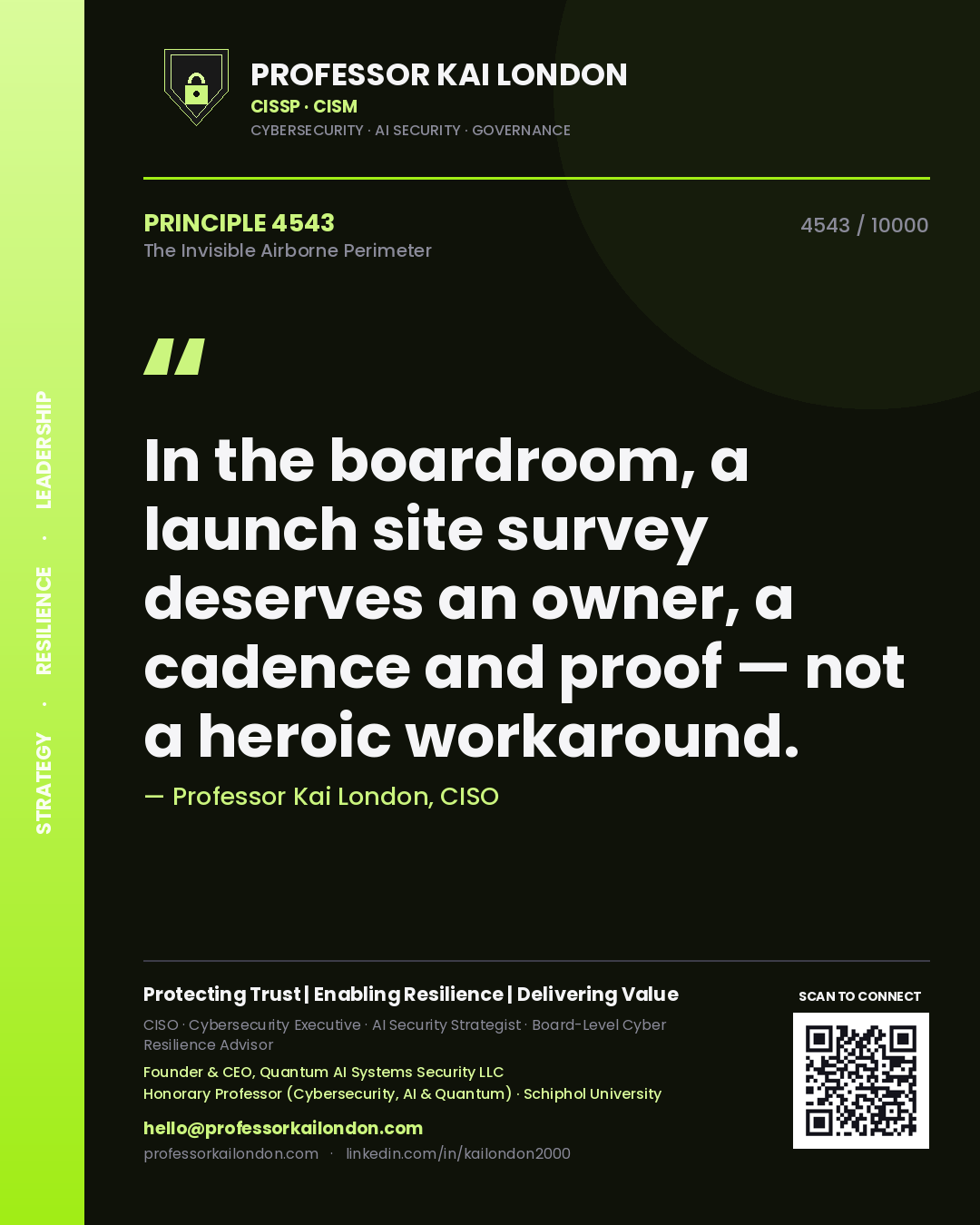 Quote card by Professor Kai London reading 'In the boardroom, a launch site survey deserves an owner, a cadence and proof — not a heroic workaround.'. From the book The Invisible Airborne Perimeter.