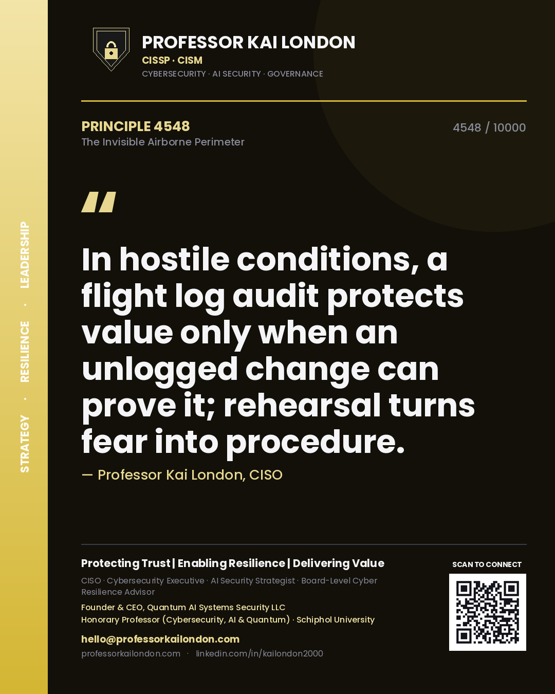 Professor Kai London principle 4548: In hostile conditions, a flight log audit protects value only when an unlogged change can prove it; rehearsal turns fear into procedure.