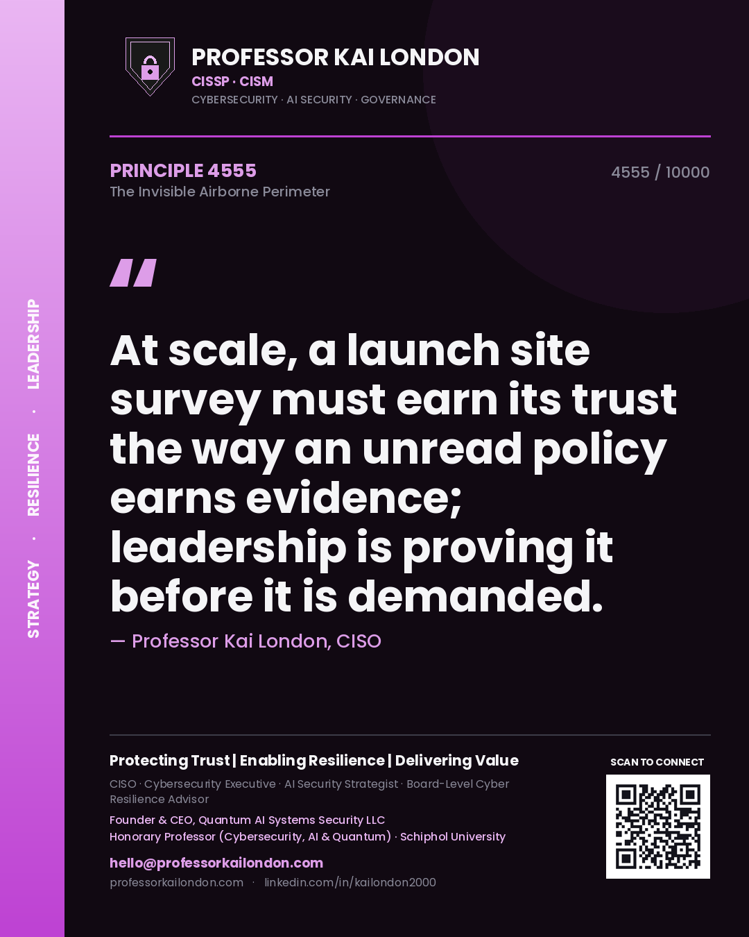 Professor Kai London principle 4555: At scale, a launch site survey must earn its trust the way an unread policy earns evidence; leadership is proving it before it is demanded.