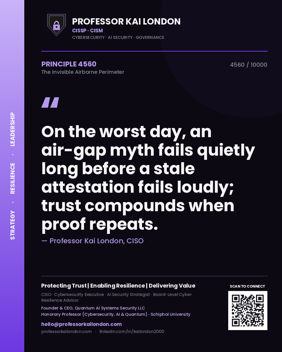 Professor Kai London principle 4560: On the worst day, an air-gap myth fails quietly long before a stale attestation fails loudly; trust compounds when proof repeats.