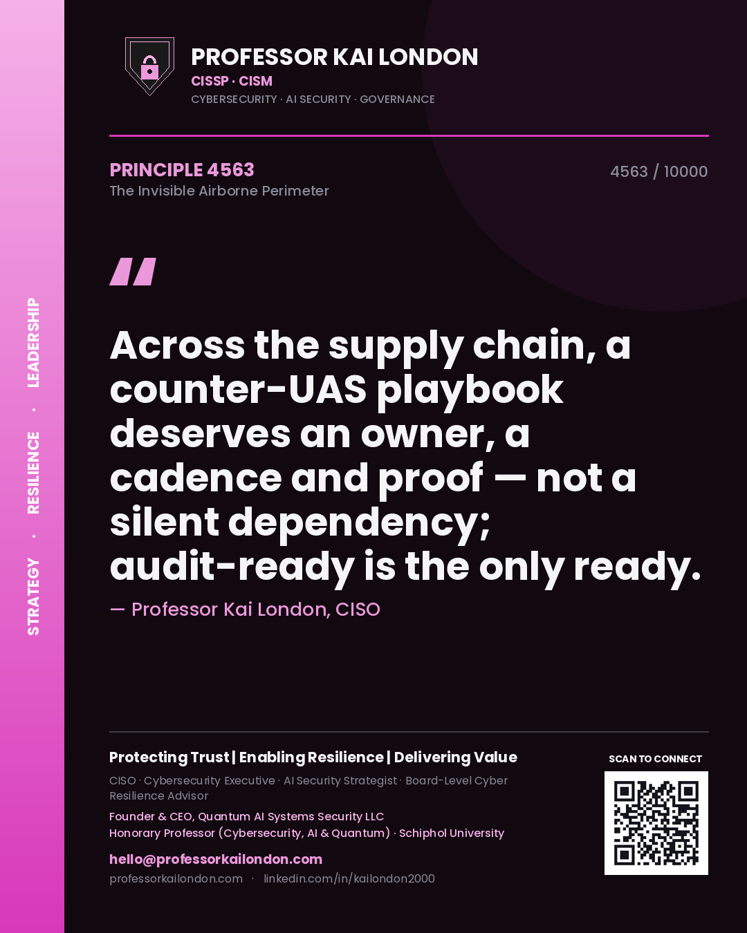 Professor Kai London principle 4563: Across the supply chain, a counter-UAS playbook deserves an owner, a cadence and proof — not a silent dependency; audit-ready is the only ready.