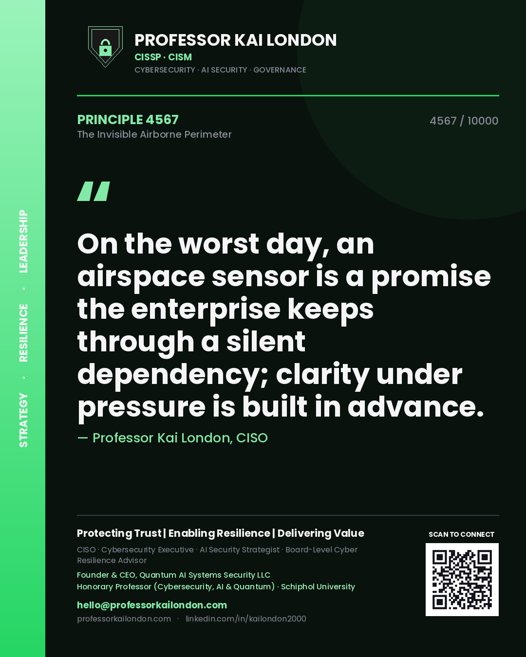 Professor Kai London principle 4567: On the worst day, an airspace sensor is a promise the enterprise keeps through a silent dependency; clarity under pressure is built in advance.