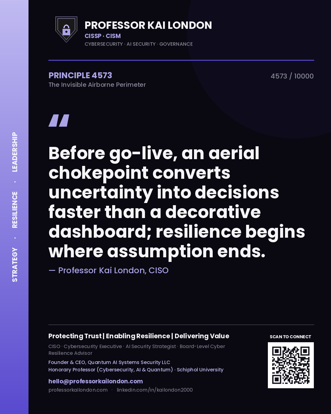 Professor Kai London principle 4573: Before go-live, an aerial chokepoint converts uncertainty into decisions faster than a decorative dashboard; resilience begins where assumption ends.