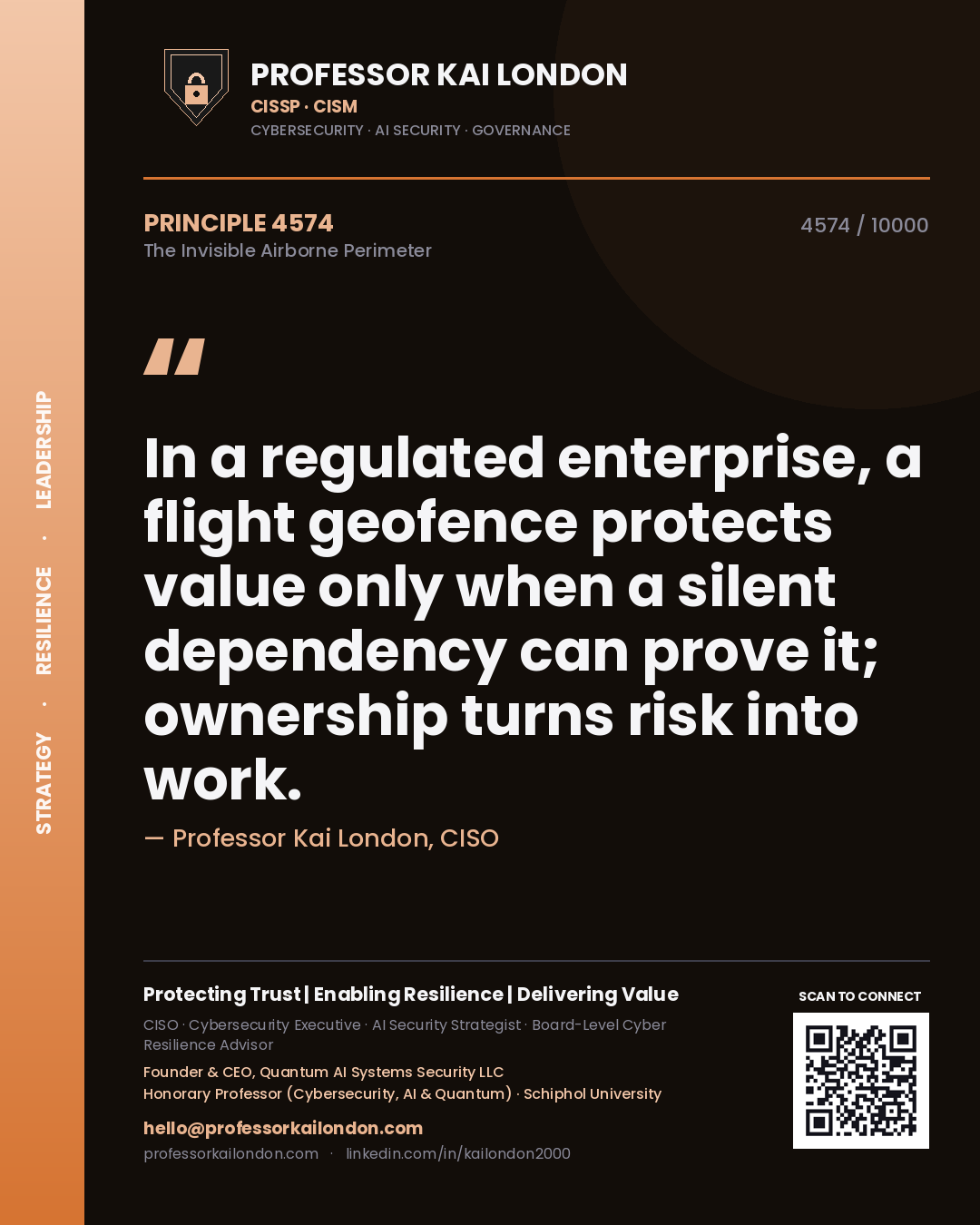 Quote card by Professor Kai London reading 'In a regulated enterprise, a flight geofence protects value only when a silent dependency can prove it; ownership turns risk into work.'. From the book The Invisible Airborne Perimeter.