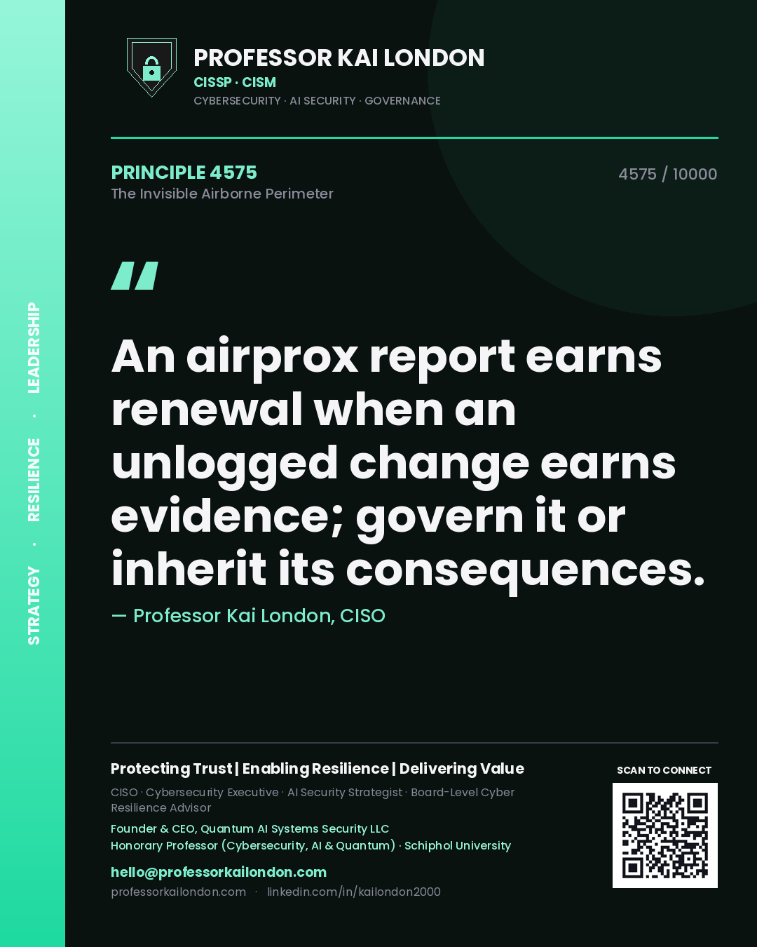 Professor Kai London principle 4575: An airprox report earns renewal when an unlogged change earns evidence; govern it or inherit its consequences.