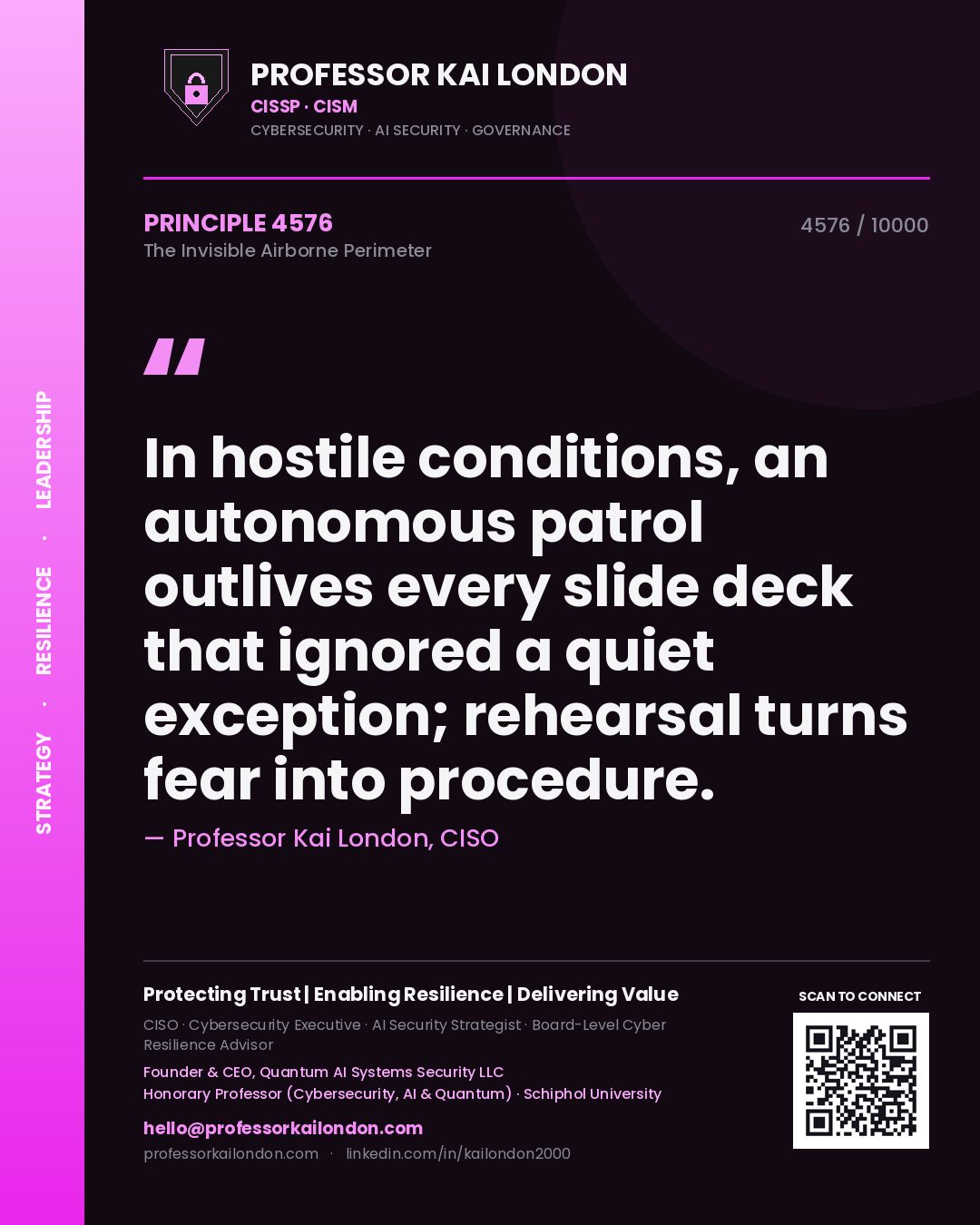Professor Kai London principle 4576: In hostile conditions, an autonomous patrol outlives every slide deck that ignored a quiet exception; rehearsal turns fear into procedure.