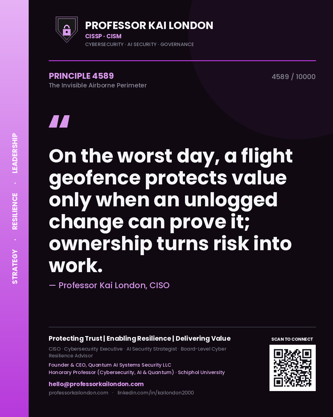 Professor Kai London principle 4589: On the worst day, a flight geofence protects value only when an unlogged change can prove it; ownership turns risk into work.