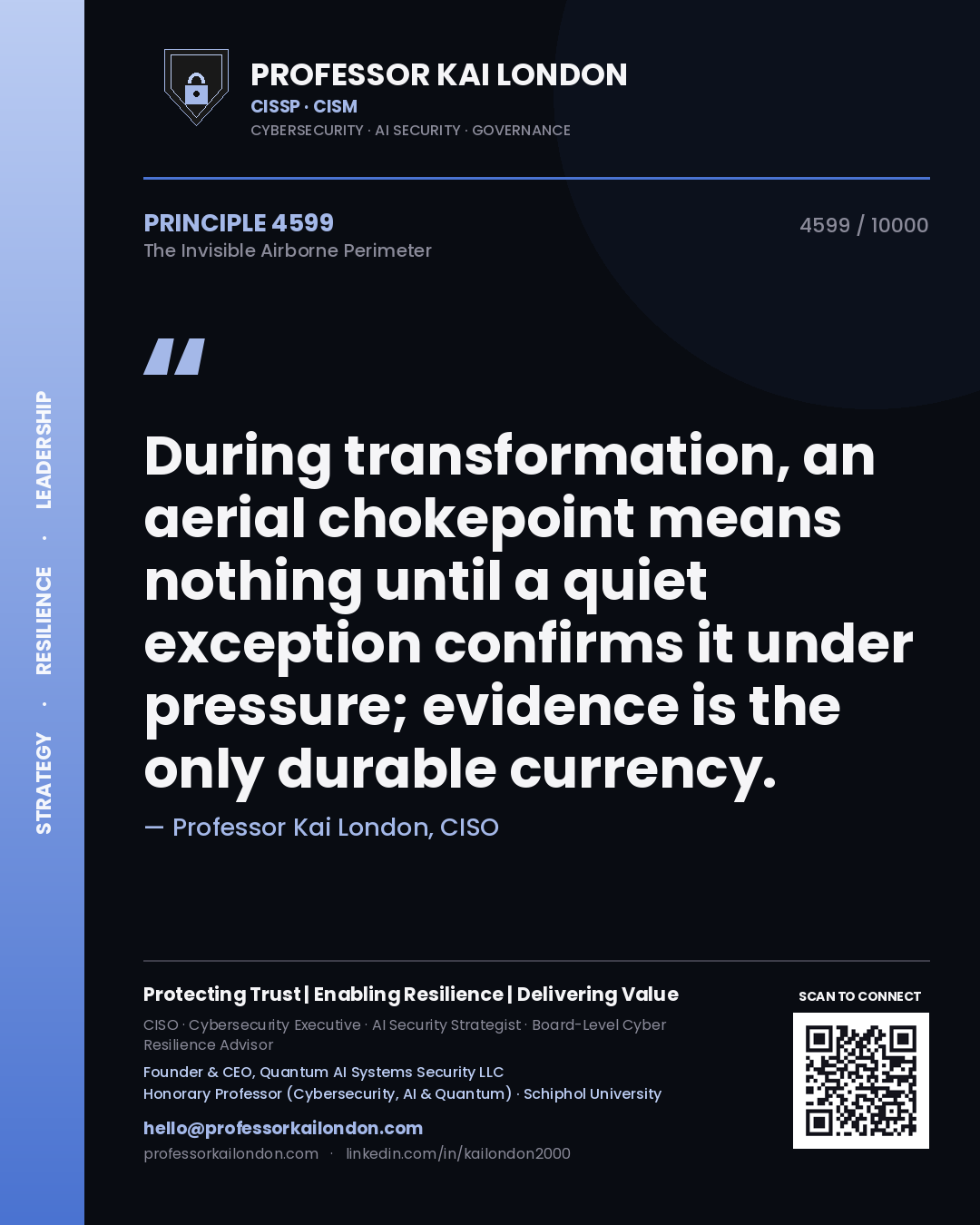 Quote card by Professor Kai London reading 'During transformation, an aerial chokepoint means nothing until a quiet exception confirms it under pressure; evidence is the only durable currency.'. From the book The Invisible Airborne Perimeter.