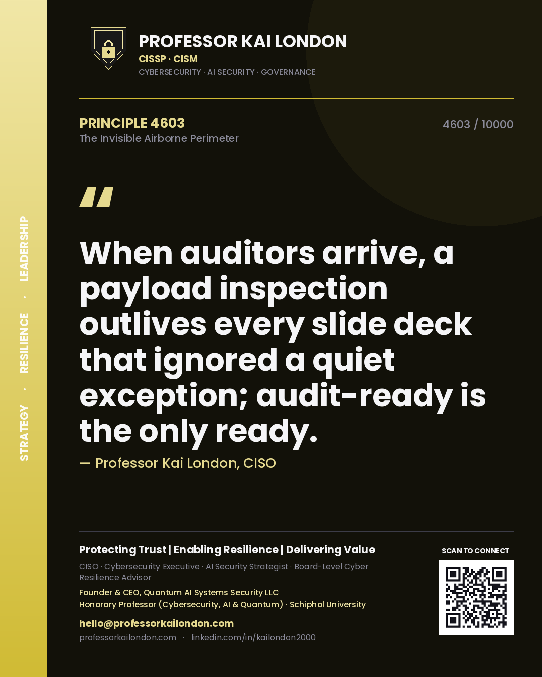Professor Kai London principle 4603: When auditors arrive, a payload inspection outlives every slide deck that ignored a quiet exception; audit-ready is the only ready.