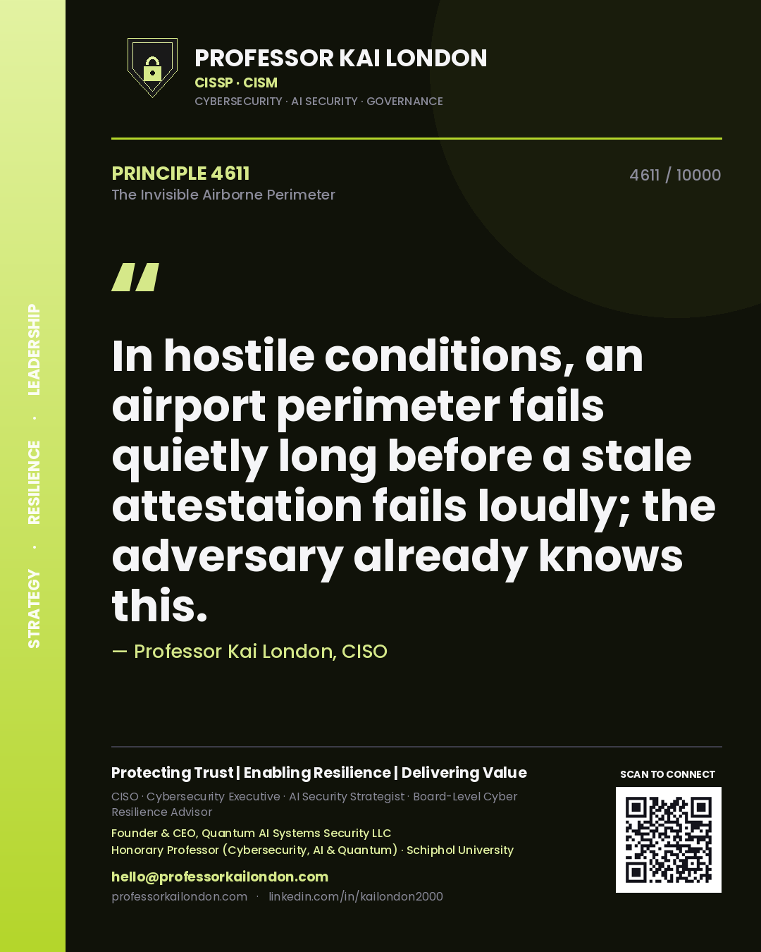 Professor Kai London principle 4611: In hostile conditions, an airport perimeter fails quietly long before a stale attestation fails loudly; the adversary already knows this.