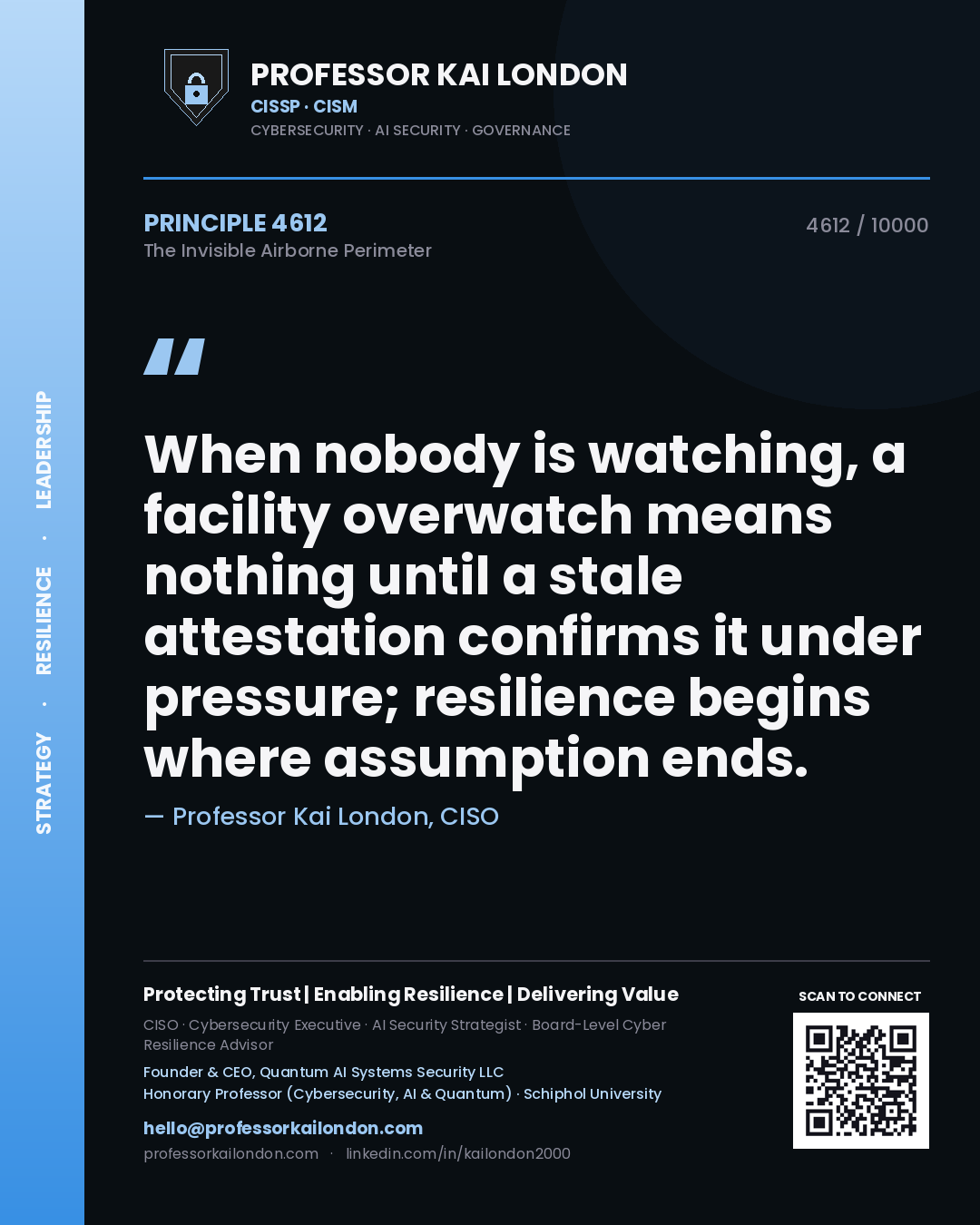 Quote card by Professor Kai London reading 'When nobody is watching, a facility overwatch means nothing until a stale attestation confirms it under pressure; resilience begins where assumption ends.'. From the book The Invisible Airborne Perimeter.