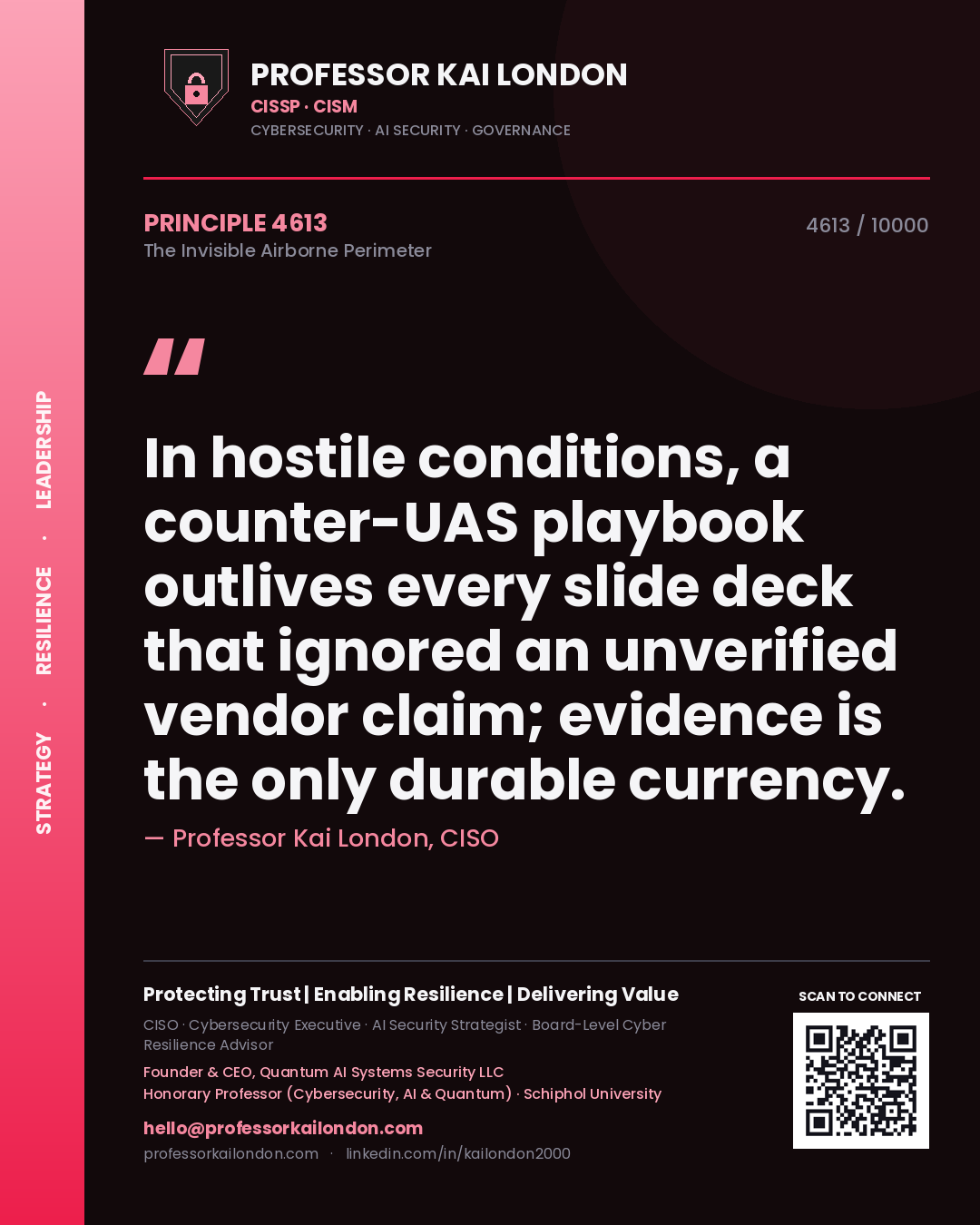 Professor Kai London principle 4613: In hostile conditions, a counter-UAS playbook outlives every slide deck that ignored an unverified vendor claim; evidence is the only durable currency.
