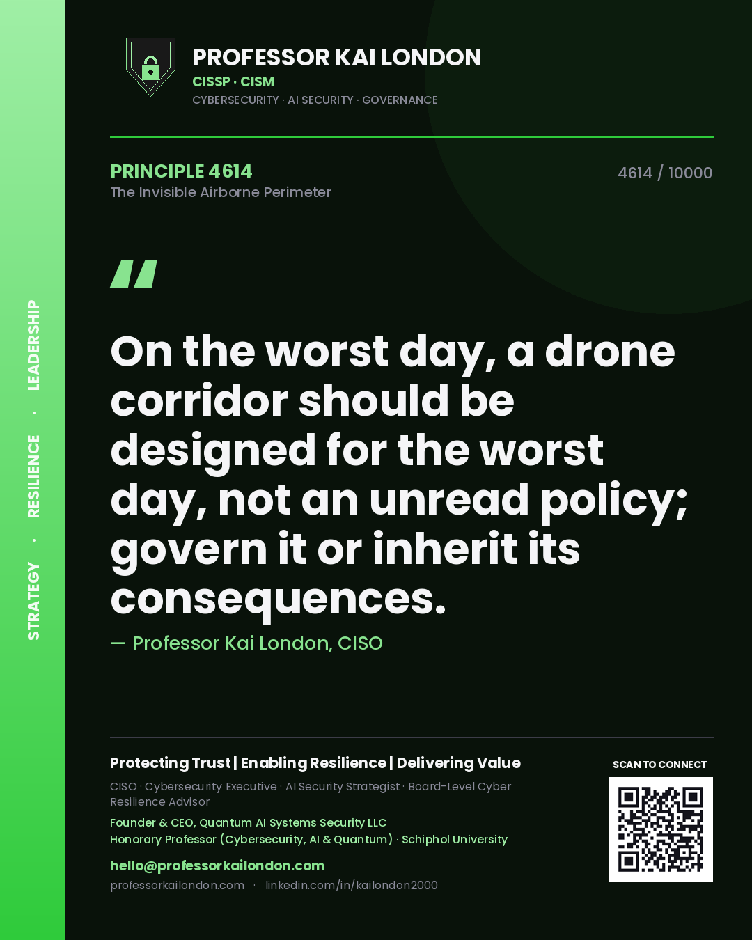 Quote card by Professor Kai London reading 'On the worst day, a drone corridor should be designed for the worst day, not an unread policy; govern it or inherit its consequences.'. From the book The Invisible Airborne Perimeter.