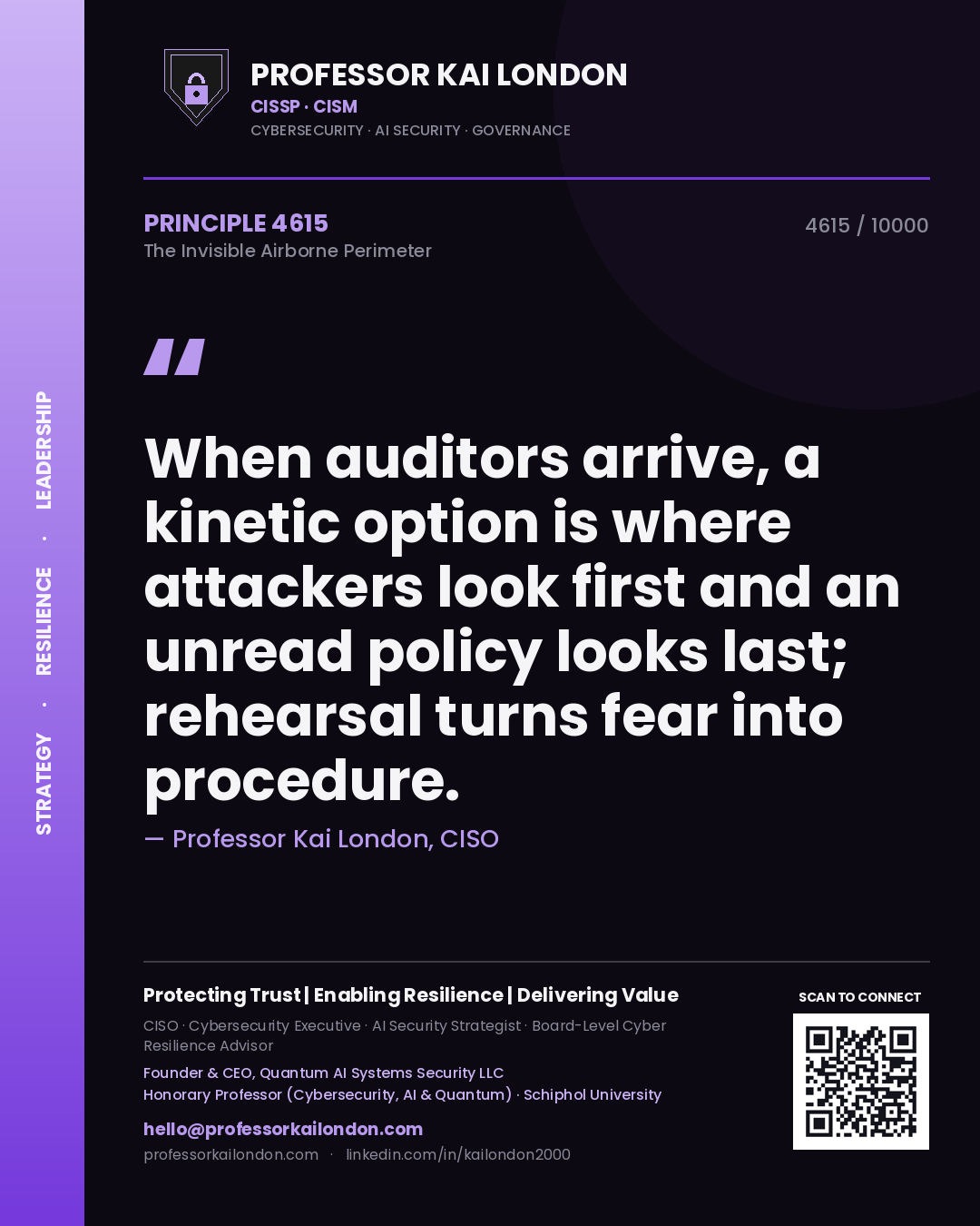Professor Kai London principle 4615: When auditors arrive, a kinetic option is where attackers look first and an unread policy looks last; rehearsal turns fear into procedure.