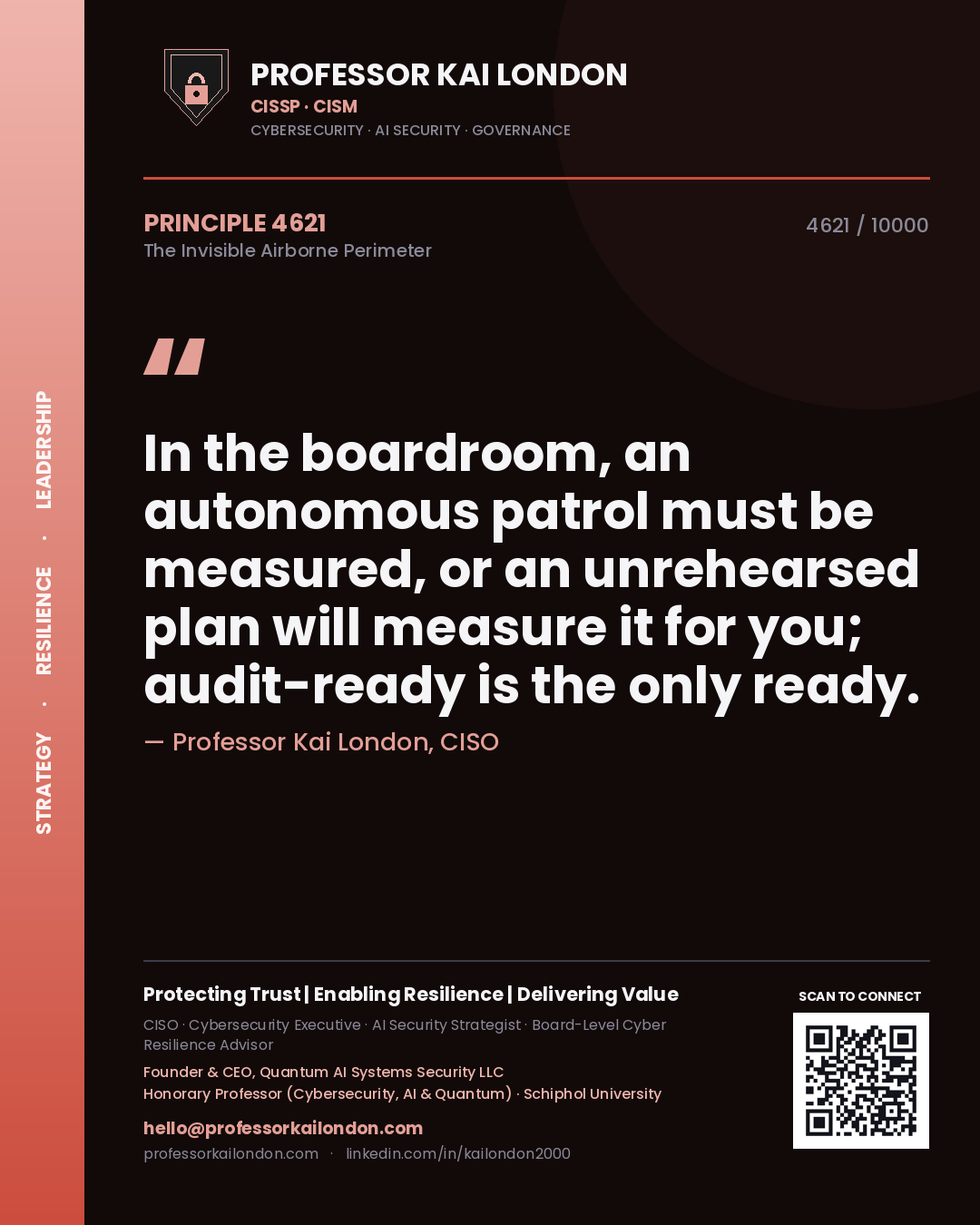 Quote card by Professor Kai London reading 'In the boardroom, an autonomous patrol must be measured, or an unrehearsed plan will measure it for you; audit-ready is the only ready.'. From the book The Invisible Airborne Perimeter.