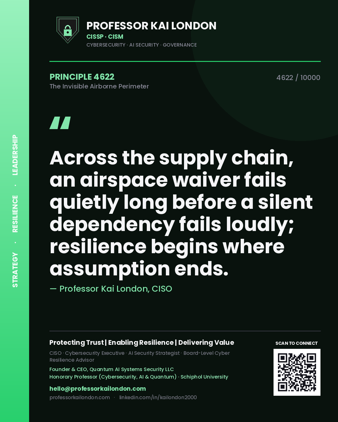 Quote card by Professor Kai London reading 'Across the supply chain, an airspace waiver fails quietly long before a silent dependency fails loudly; resilience begins where assumption ends.'. From the book The Invisible Airborne Perimeter.