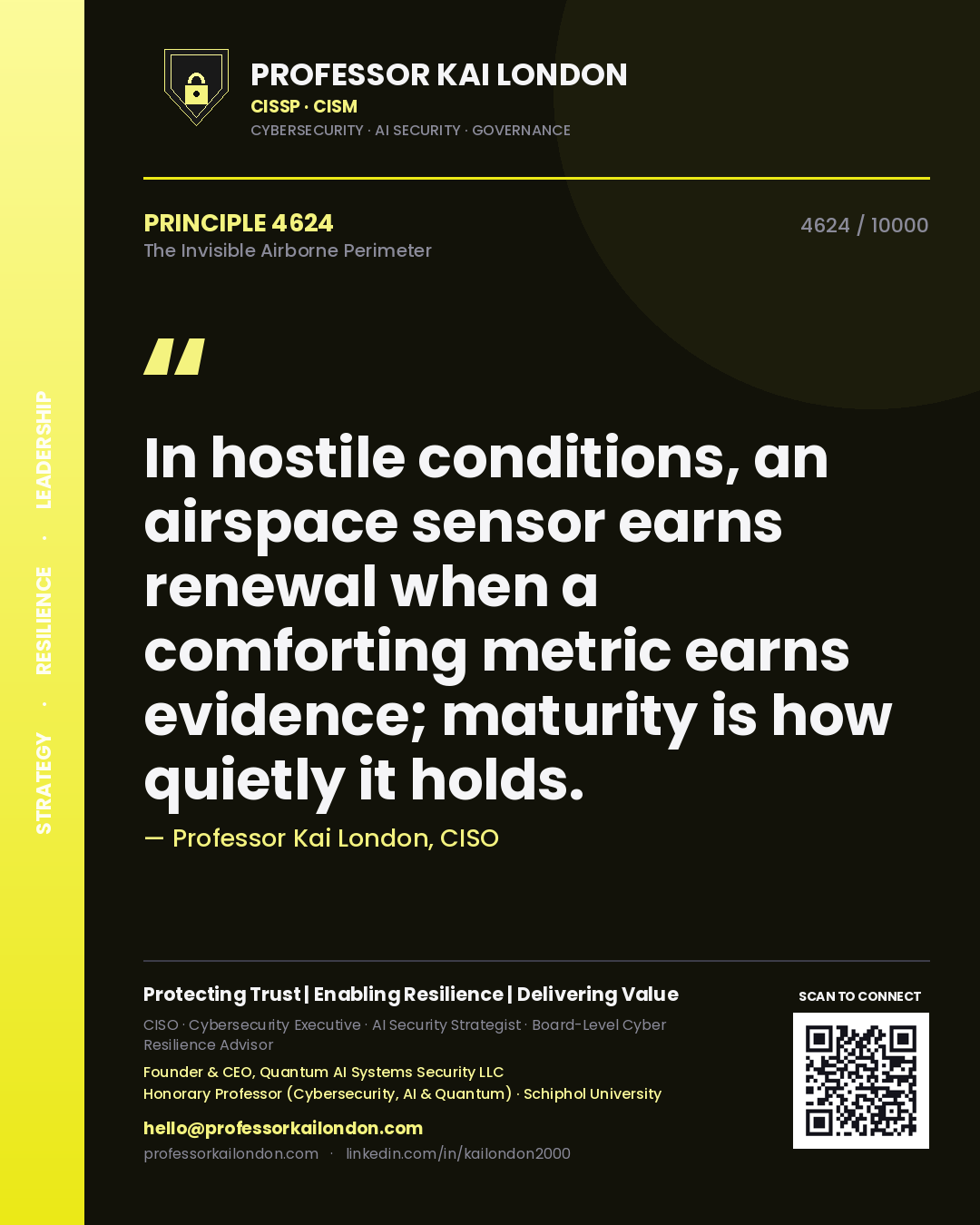 Quote card by Professor Kai London reading 'In hostile conditions, an airspace sensor earns renewal when a comforting metric earns evidence; maturity is how quietly it holds.'. From the book The Invisible Airborne Perimeter.