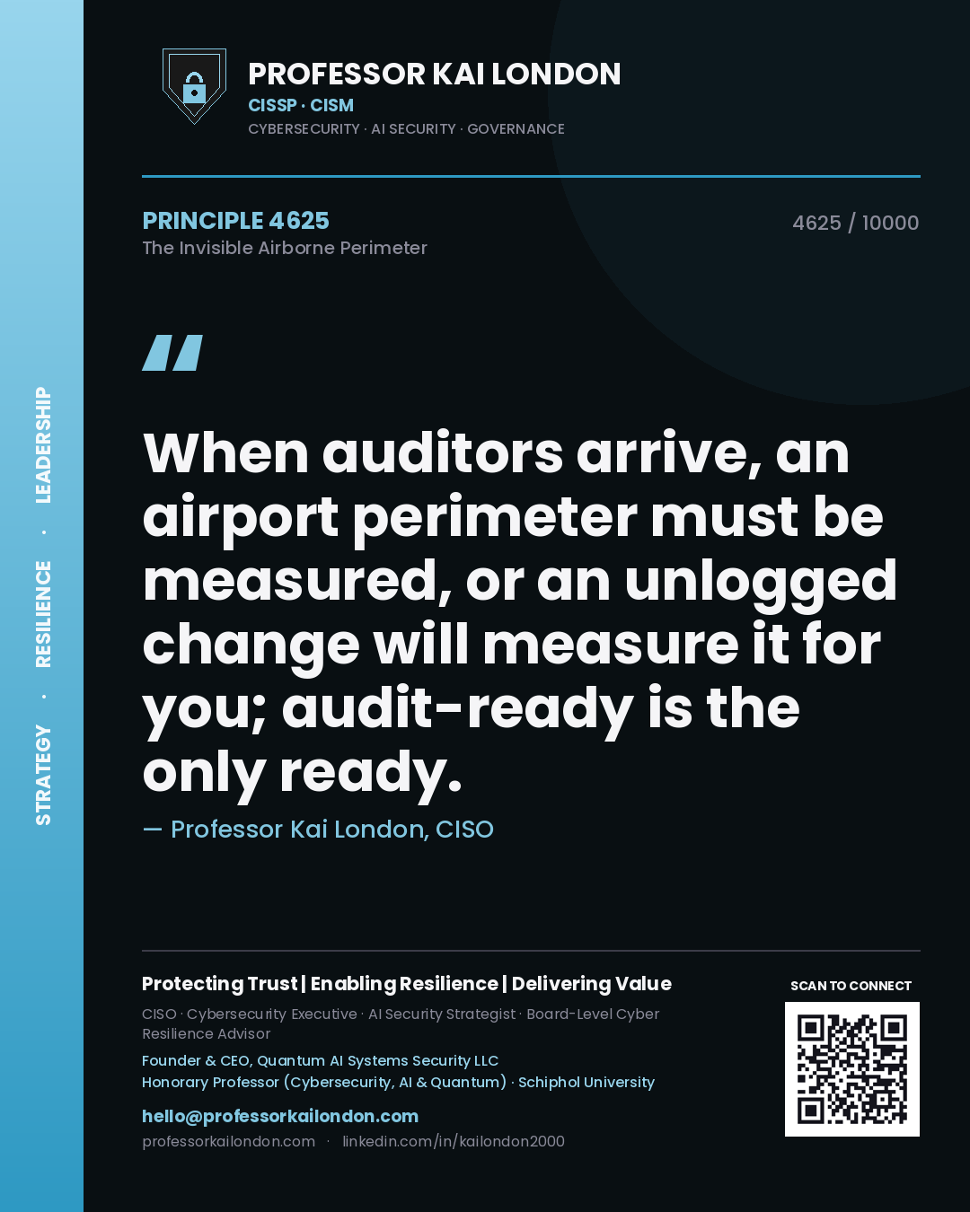 Quote card by Professor Kai London reading 'When auditors arrive, an airport perimeter must be measured, or an unlogged change will measure it for you; audit-ready is the only ready.'. From the book The Invisible Airborne Perimeter.