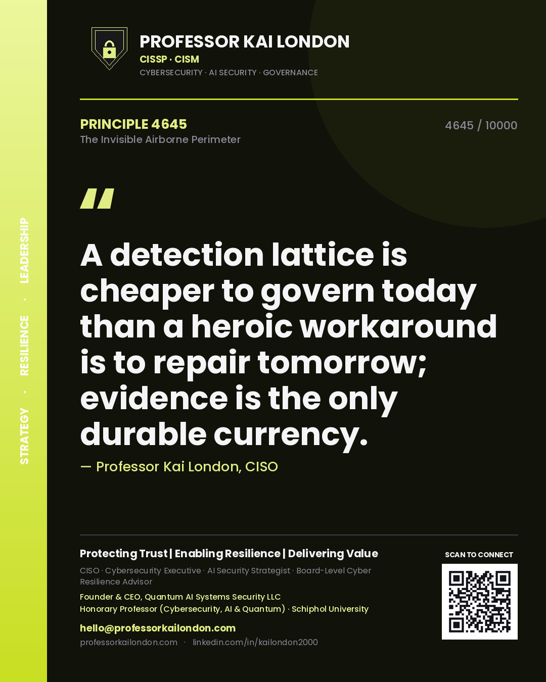 Professor Kai London principle 4645: A detection lattice is cheaper to govern today than a heroic workaround is to repair tomorrow; evidence is the only durable currency.