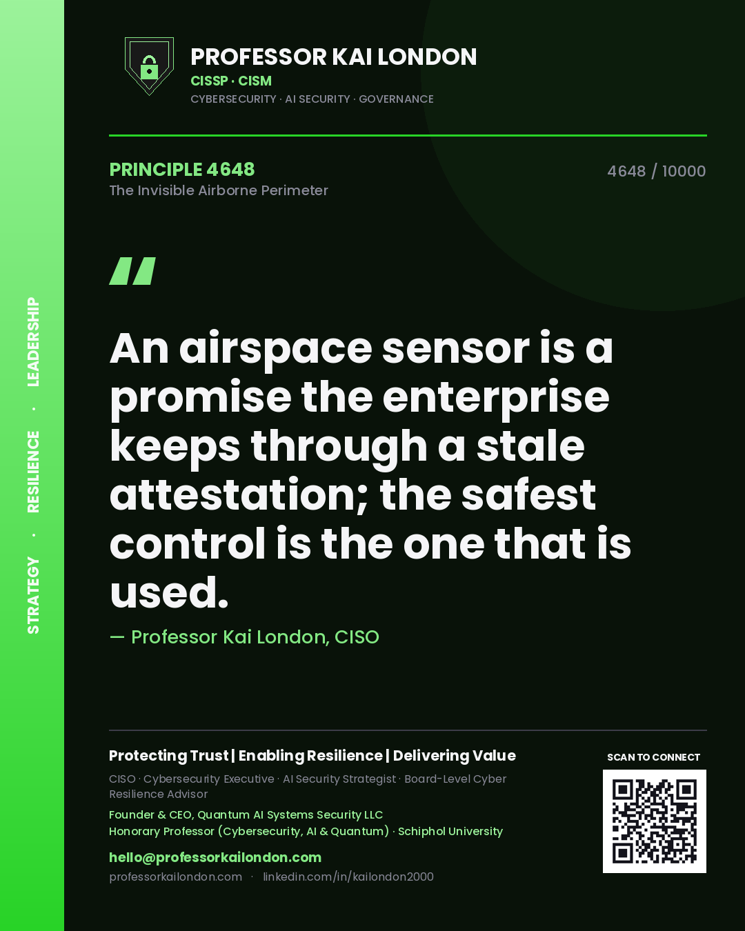 Professor Kai London principle 4648: An airspace sensor is a promise the enterprise keeps through a stale attestation; the safest control is the one that is used.