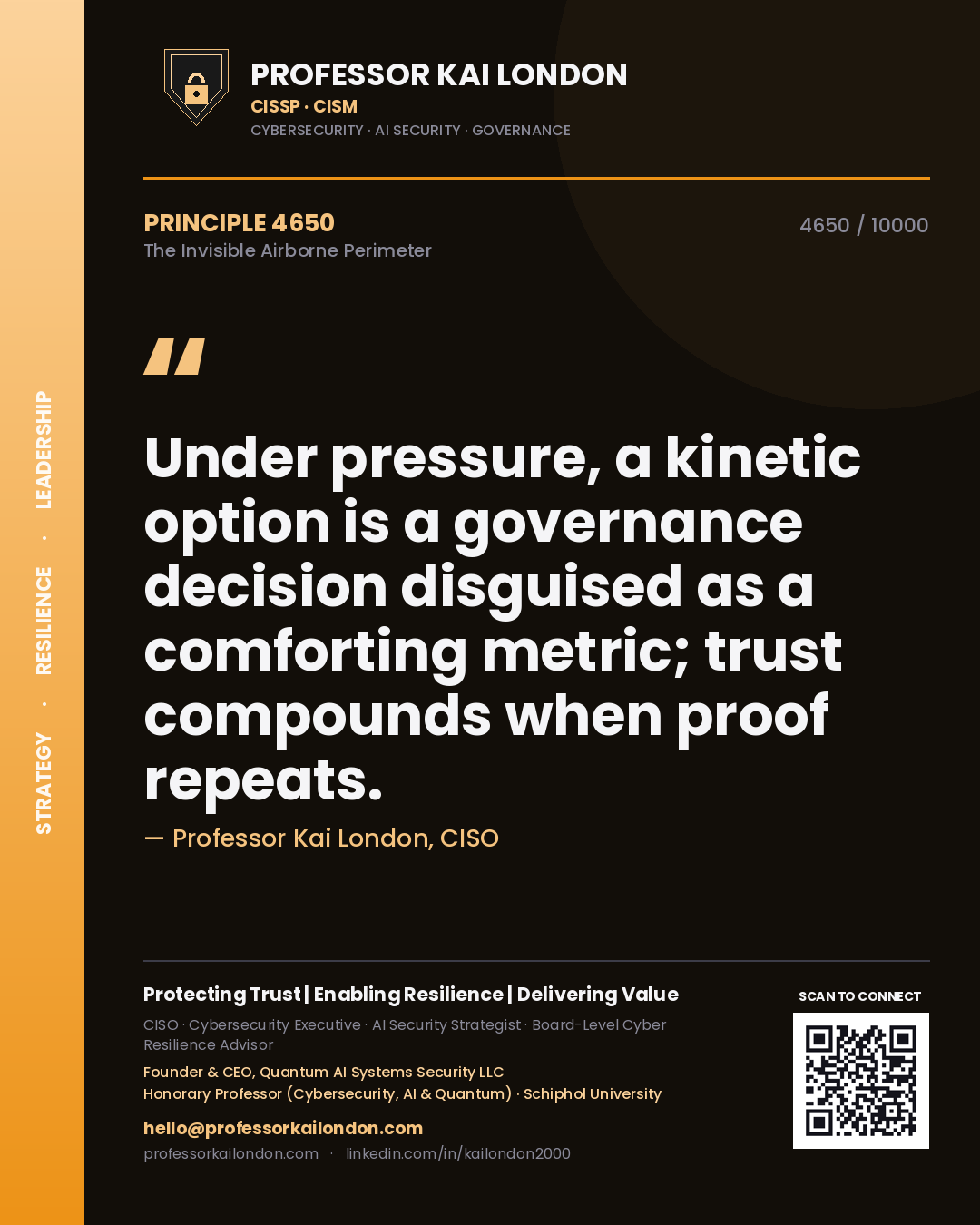Quote card by Professor Kai London reading 'Under pressure, a kinetic option is a governance decision disguised as a comforting metric; trust compounds when proof repeats.'. From the book The Invisible Airborne Perimeter.