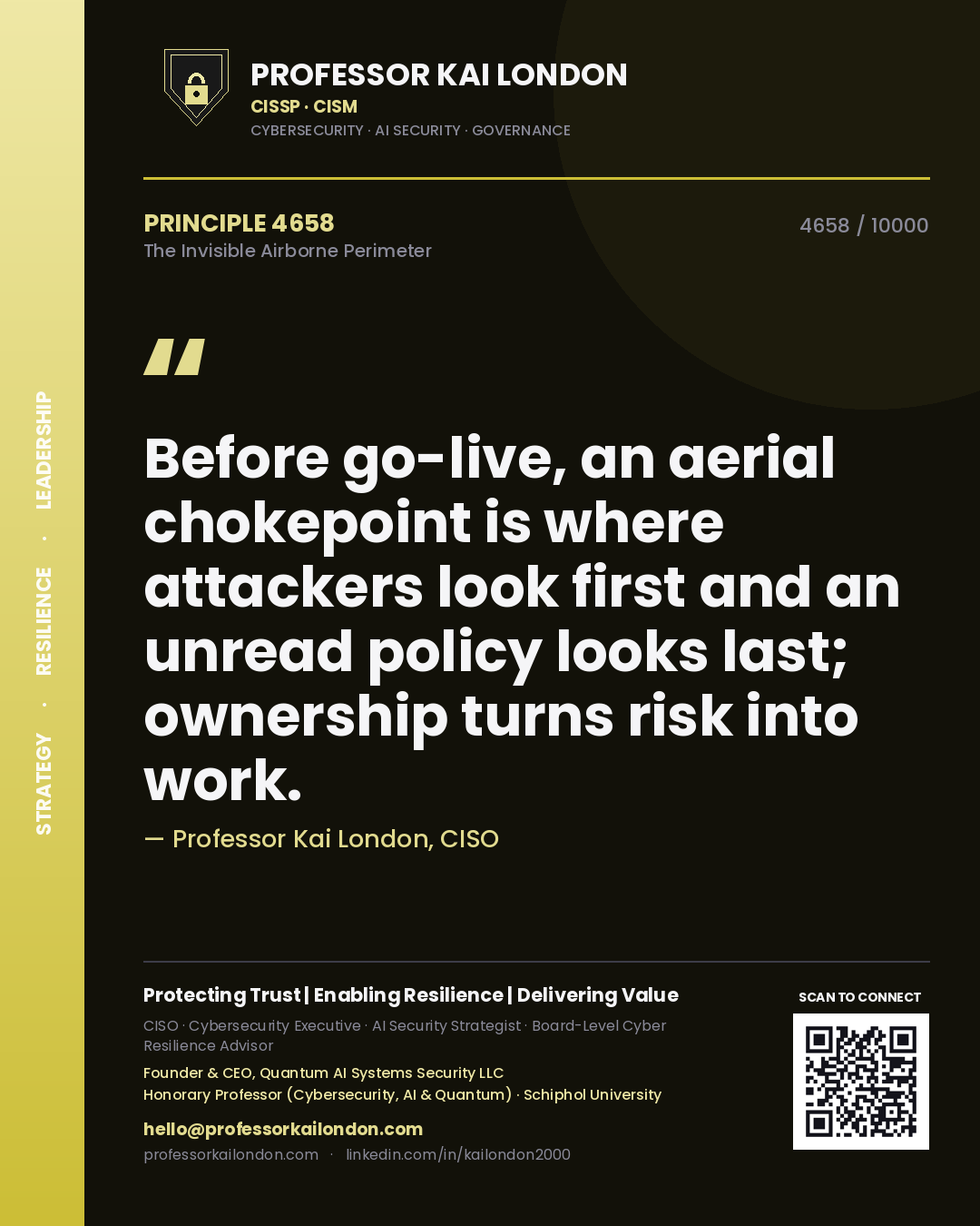 Quote card by Professor Kai London reading 'Before go-live, an aerial chokepoint is where attackers look first and an unread policy looks last; ownership turns risk into work.'. From the book The Invisible Airborne Perimeter.