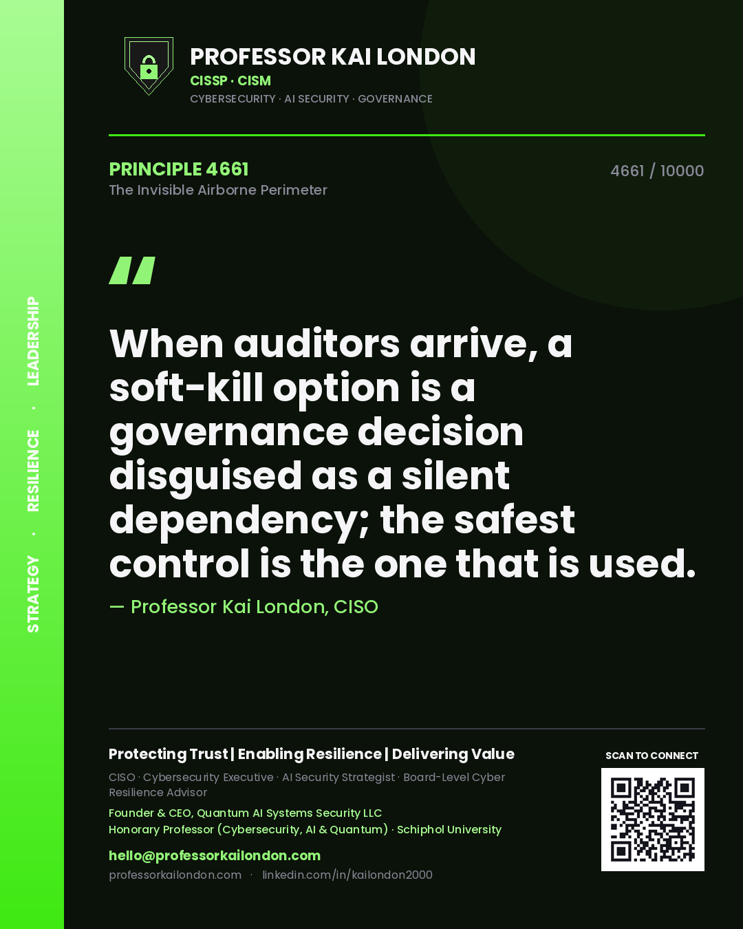 Professor Kai London principle 4661: When auditors arrive, a soft-kill option is a governance decision disguised as a silent dependency; the safest control is the one that is used.