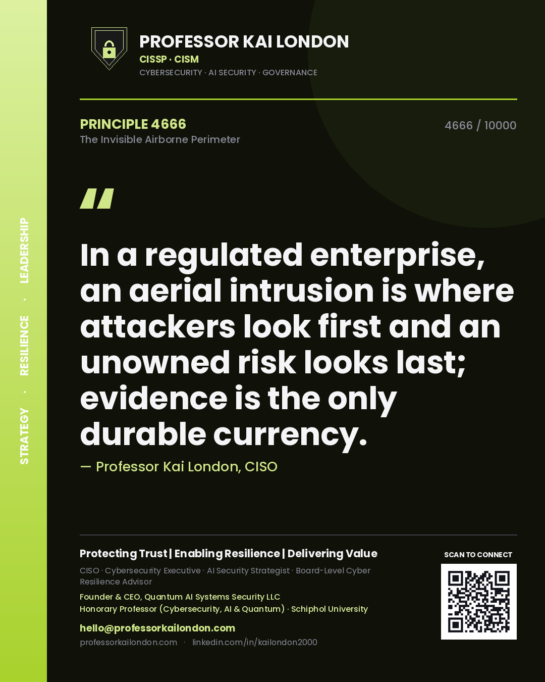 Professor Kai London principle 4666: In a regulated enterprise, an aerial intrusion is where attackers look first and an unowned risk looks last; evidence is the only durable currency.