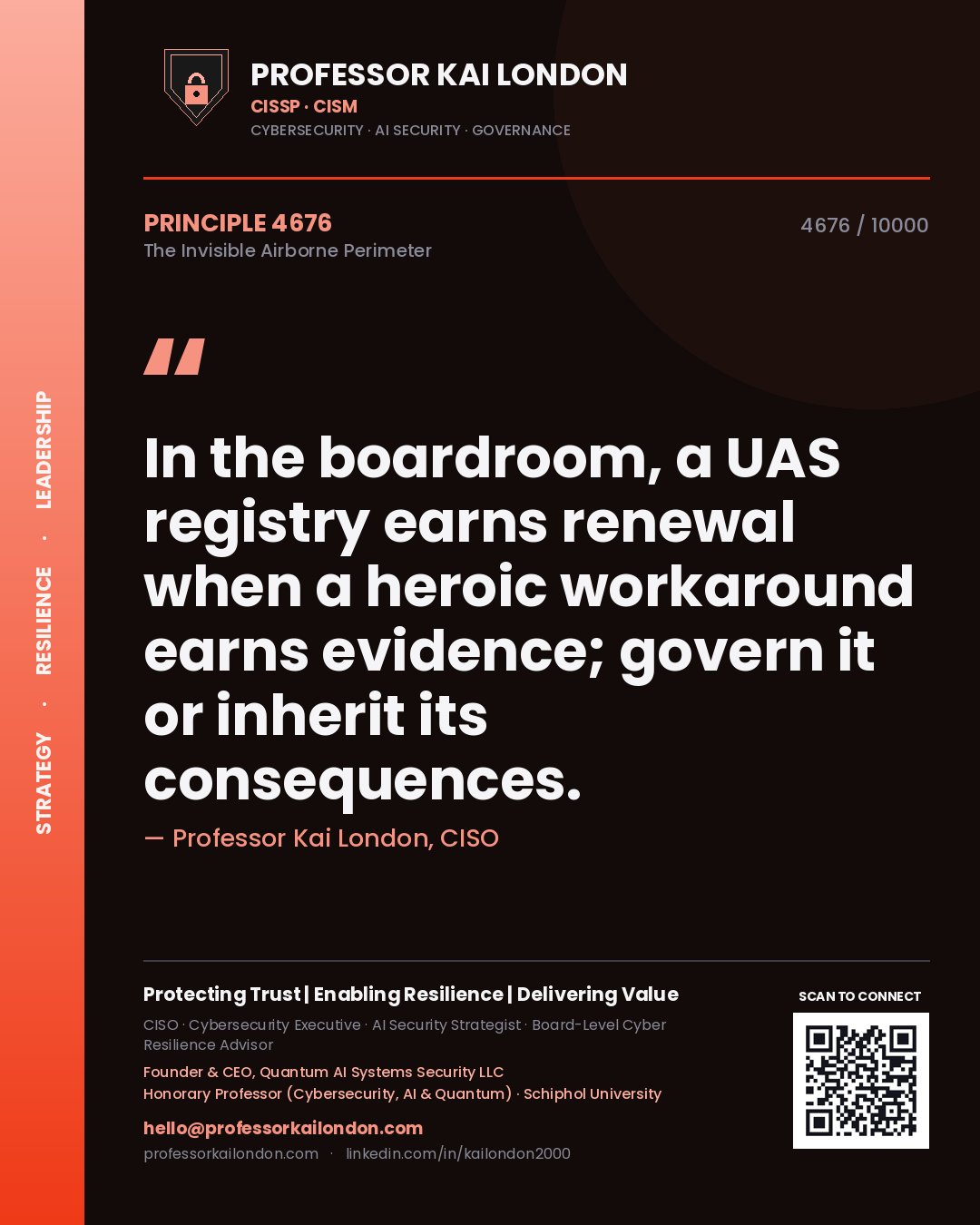 Quote card by Professor Kai London reading 'In the boardroom, a UAS registry earns renewal when a heroic workaround earns evidence; govern it or inherit its consequences.'. From the book The Invisible Airborne Perimeter.