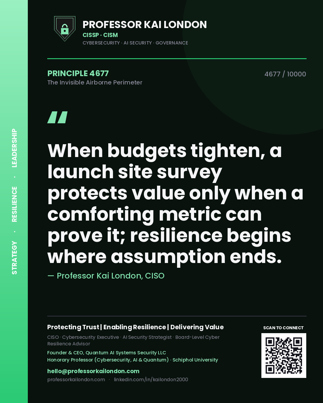 Professor Kai London principle 4677: When budgets tighten, a launch site survey protects value only when a comforting metric can prove it; resilience begins where assumption ends.