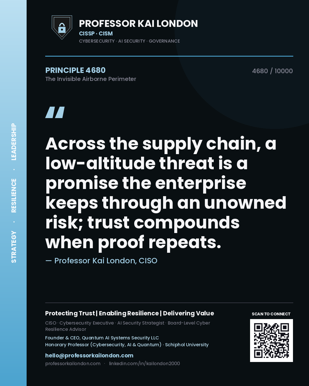 Professor Kai London principle 4680: Across the supply chain, a low-altitude threat is a promise the enterprise keeps through an unowned risk; trust compounds when proof repeats.