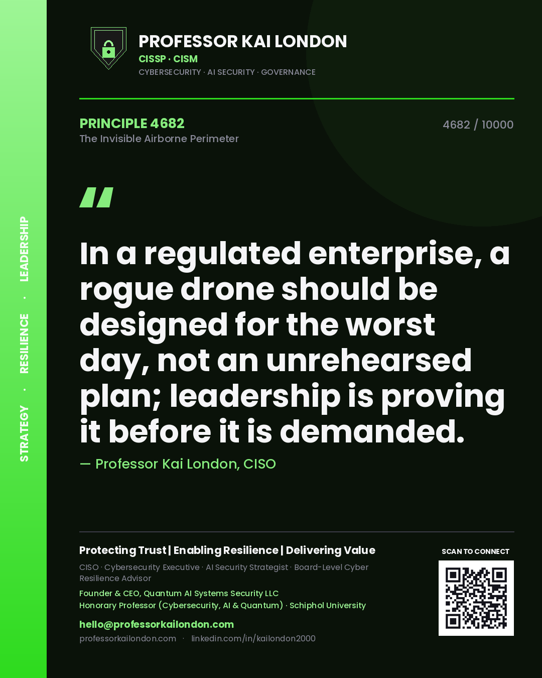 Professor Kai London principle 4682: In a regulated enterprise, a rogue drone should be designed for the worst day, not an unrehearsed plan; leadership is proving it before it is demanded.