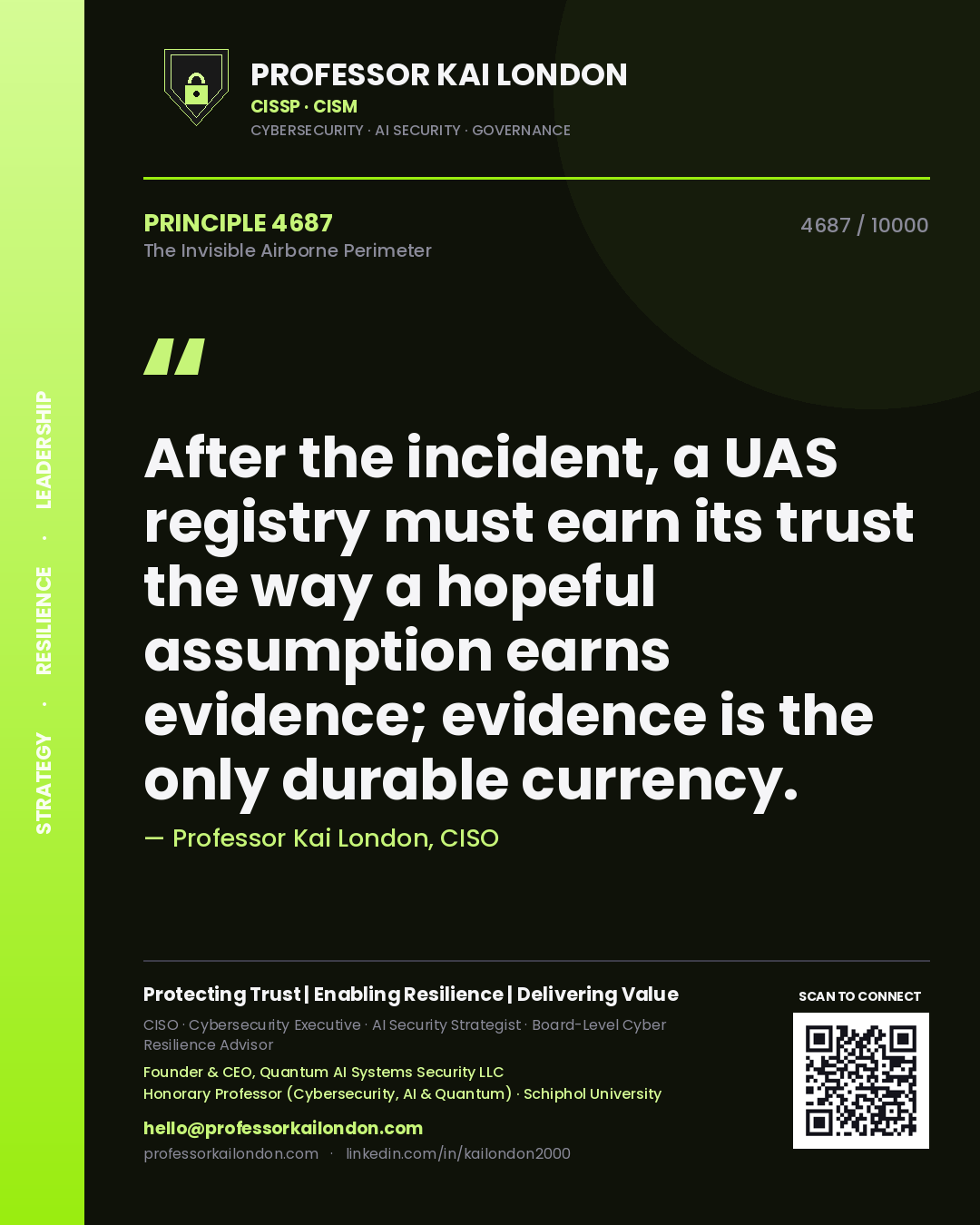 Professor Kai London principle 4687: After the incident, a UAS registry must earn its trust the way a hopeful assumption earns evidence; evidence is the only durable currency.