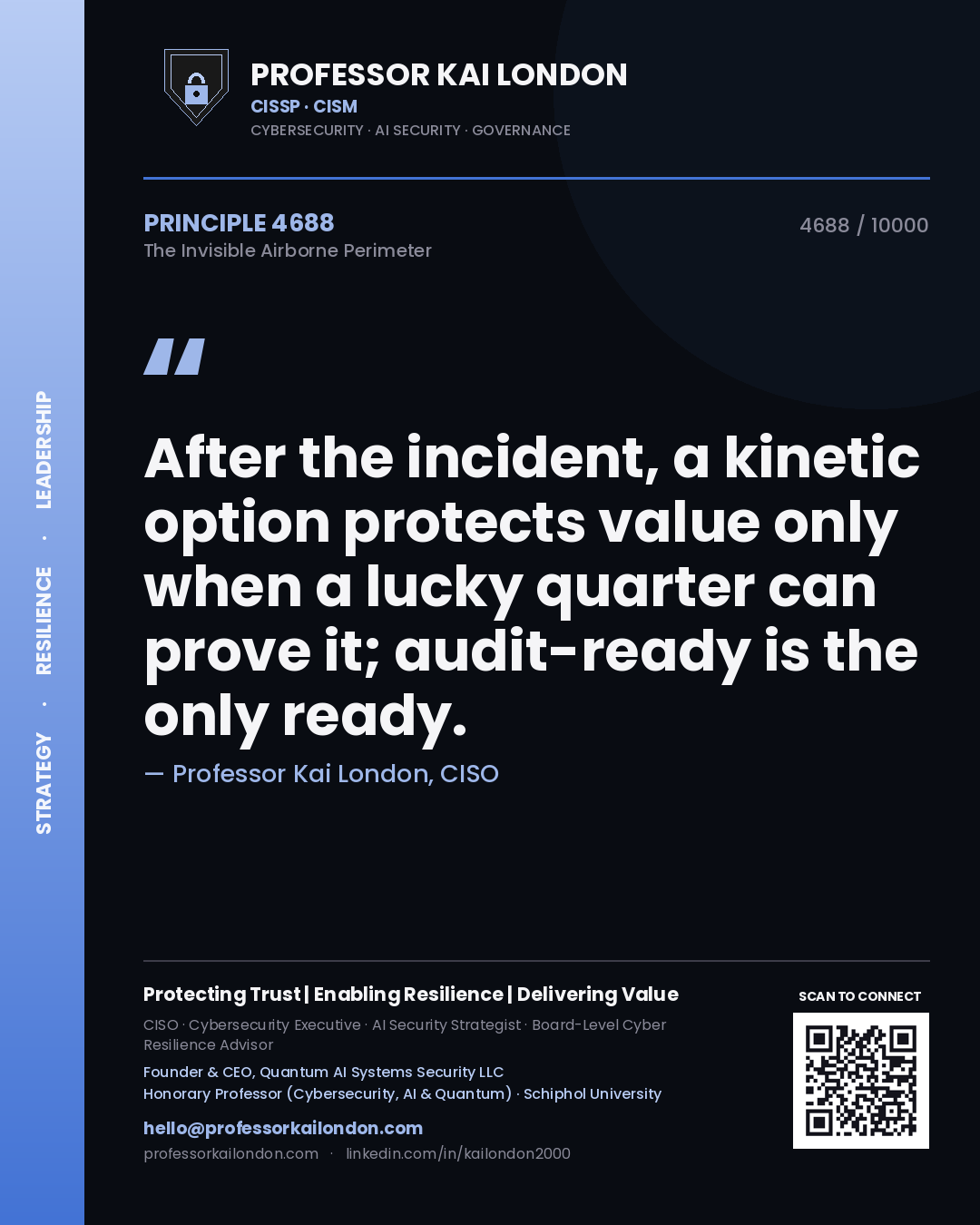 Quote card by Professor Kai London reading 'After the incident, a kinetic option protects value only when a lucky quarter can prove it; audit-ready is the only ready.'. From the book The Invisible Airborne Perimeter.