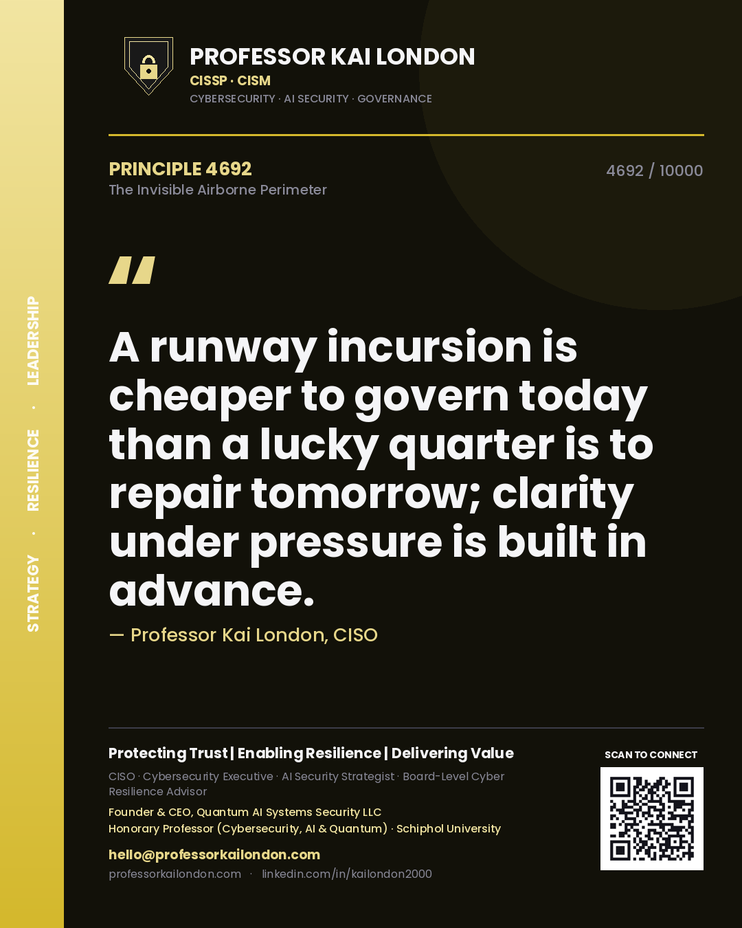 Professor Kai London principle 4692: A runway incursion is cheaper to govern today than a lucky quarter is to repair tomorrow; clarity under pressure is built in advance.