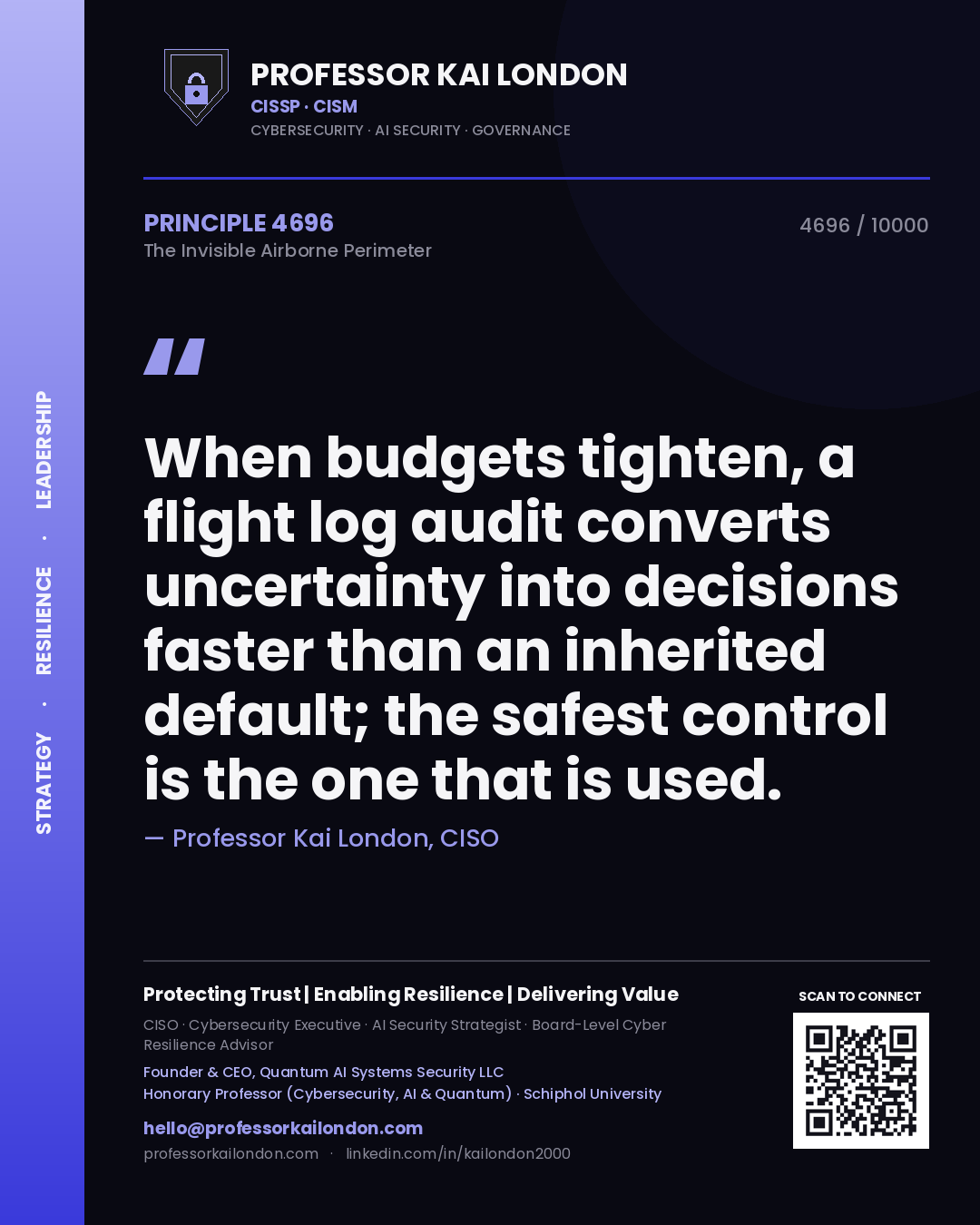 Professor Kai London principle 4696: When budgets tighten, a flight log audit converts uncertainty into decisions faster than an inherited default; the safest control is the one that is used.
