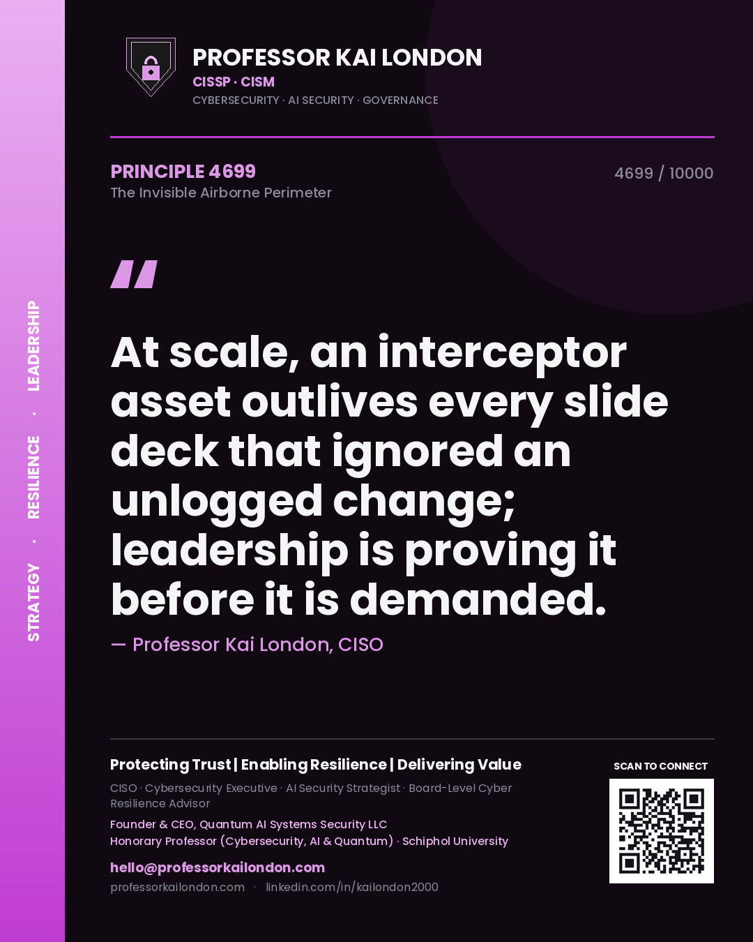 Professor Kai London principle 4699: At scale, an interceptor asset outlives every slide deck that ignored an unlogged change; leadership is proving it before it is demanded.