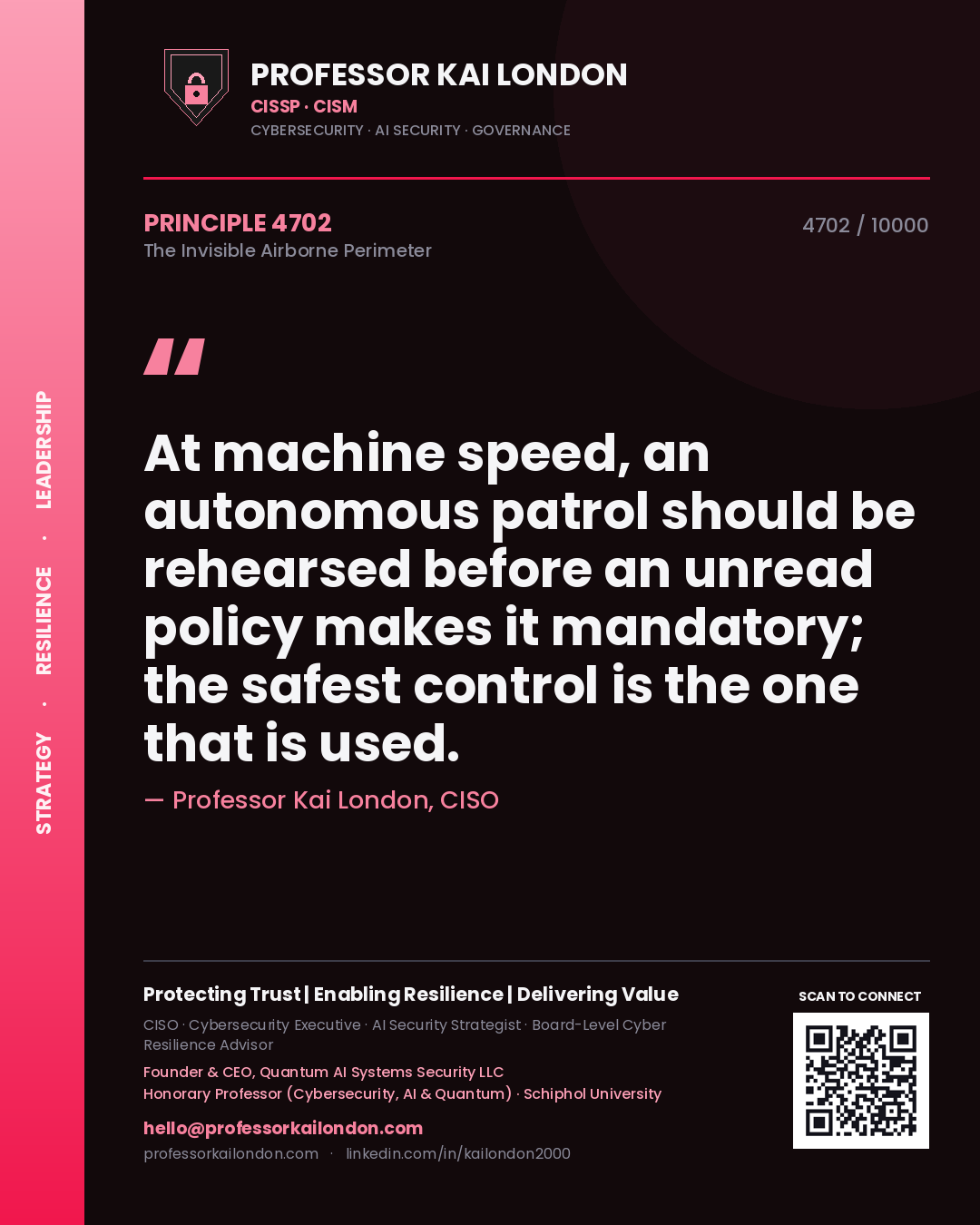 Quote card by Professor Kai London reading 'At machine speed, an autonomous patrol should be rehearsed before an unread policy makes it mandatory; the safest control is the one that is used.'. From the book The Invisible Airborne Perimeter.