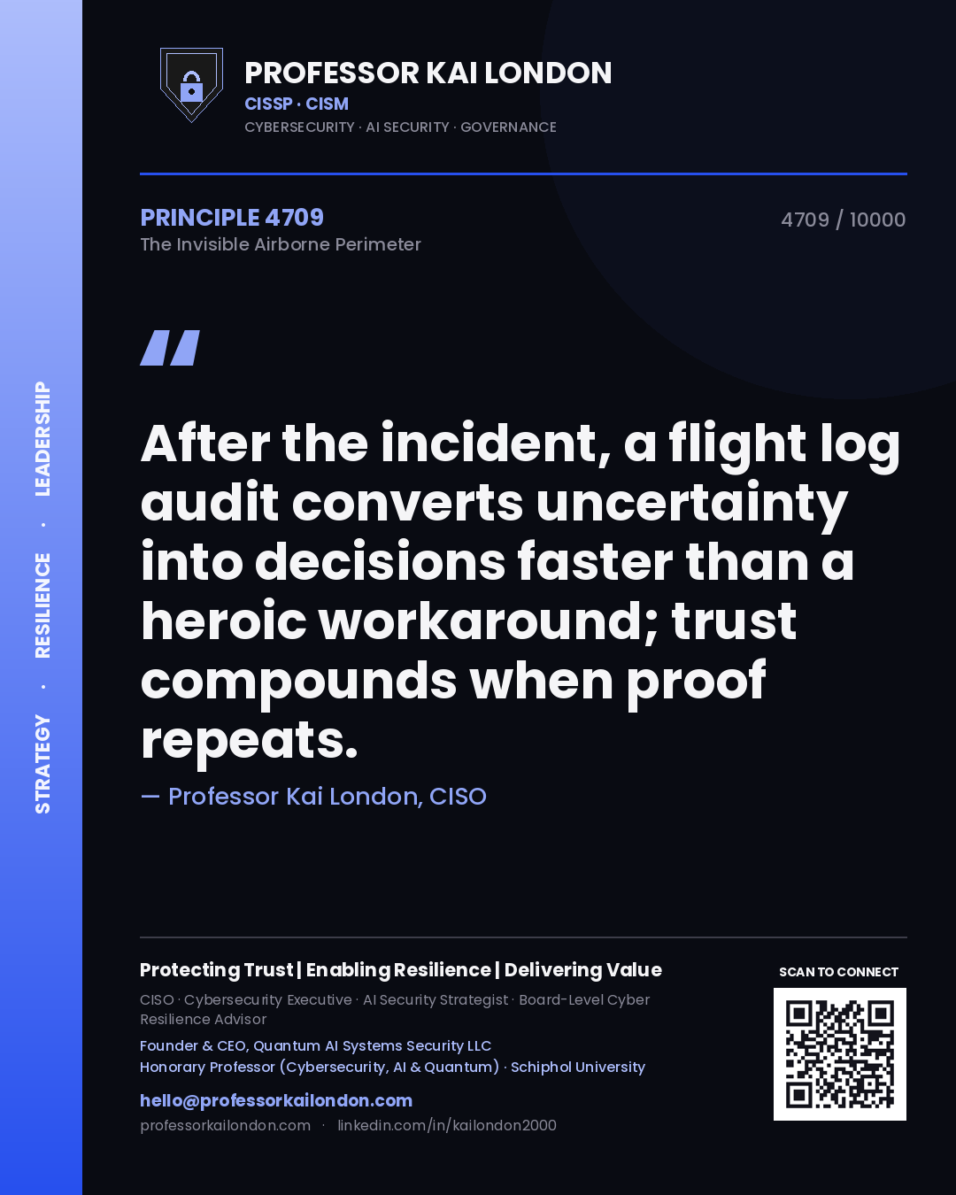 Professor Kai London principle 4709: After the incident, a flight log audit converts uncertainty into decisions faster than a heroic workaround; trust compounds when proof repeats.