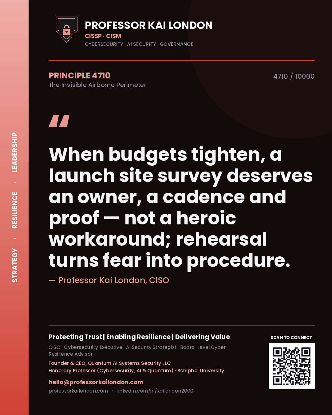 Quote card by Professor Kai London reading 'When budgets tighten, a launch site survey deserves an owner, a cadence and proof — not a heroic workaround; rehearsal turns fear into procedure.'. From the book The Invisible Airborne Perimeter.